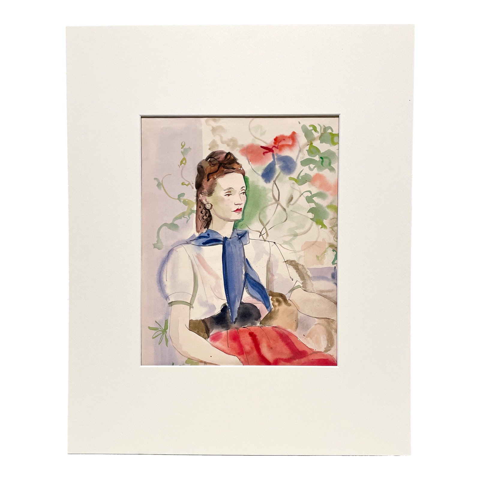 A Stunning 1940s Fashion Illustration Study, Seated Woman in an Interior, by Noted Modern Artist, An: A Stunning 1940s Fashion Illustration Study, Depicting a Seated Woman in an Interior, by Noted Artist, Andre Delfau (Fr./Am. 1914-2000). The artwork is watercolor on paper, dating ca. 1942. Artwork