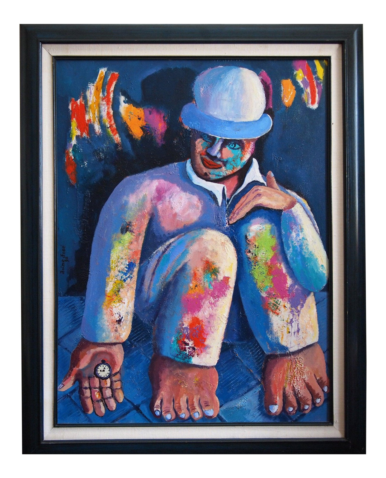 Original Jaime Jose 1992 Surrealist Portrait Painting: -Expressive, surrealist portrait of a man by renowned artist JAIME JOSE (b. 1942, Mexico). Titled Habra Tiempo. Signed middle left and verso and dated 1992, with location Monterrey, Mexico. Acrylic