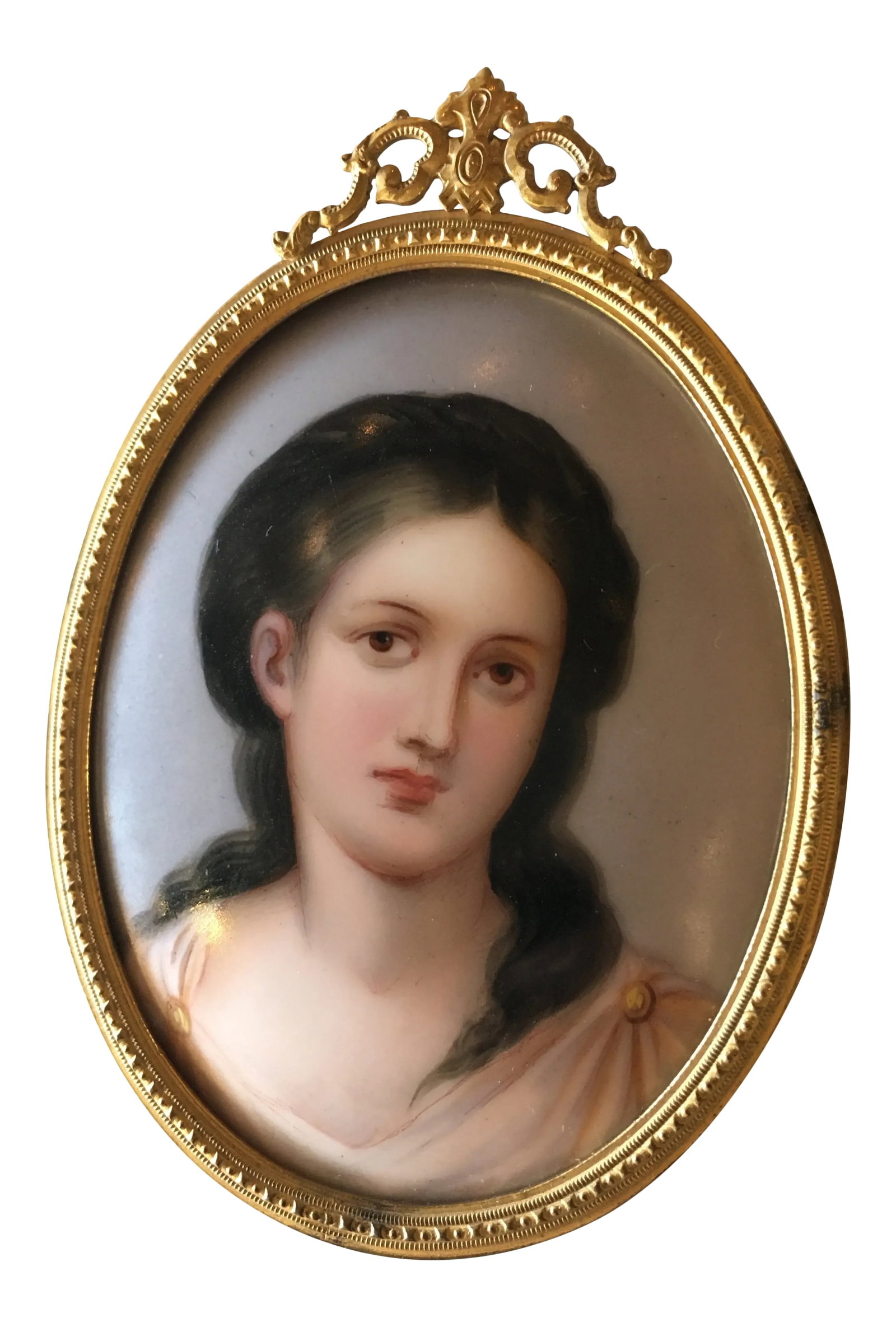 Antique Portrait on Porcelain, Framed: Beautiful painting on Porcelain of a Woman. Mounted in bronze frame with stand. Lovely coloring. Great detail and clarity. Condition: Alterations: Original Condition Unaltered Imperfections: Some