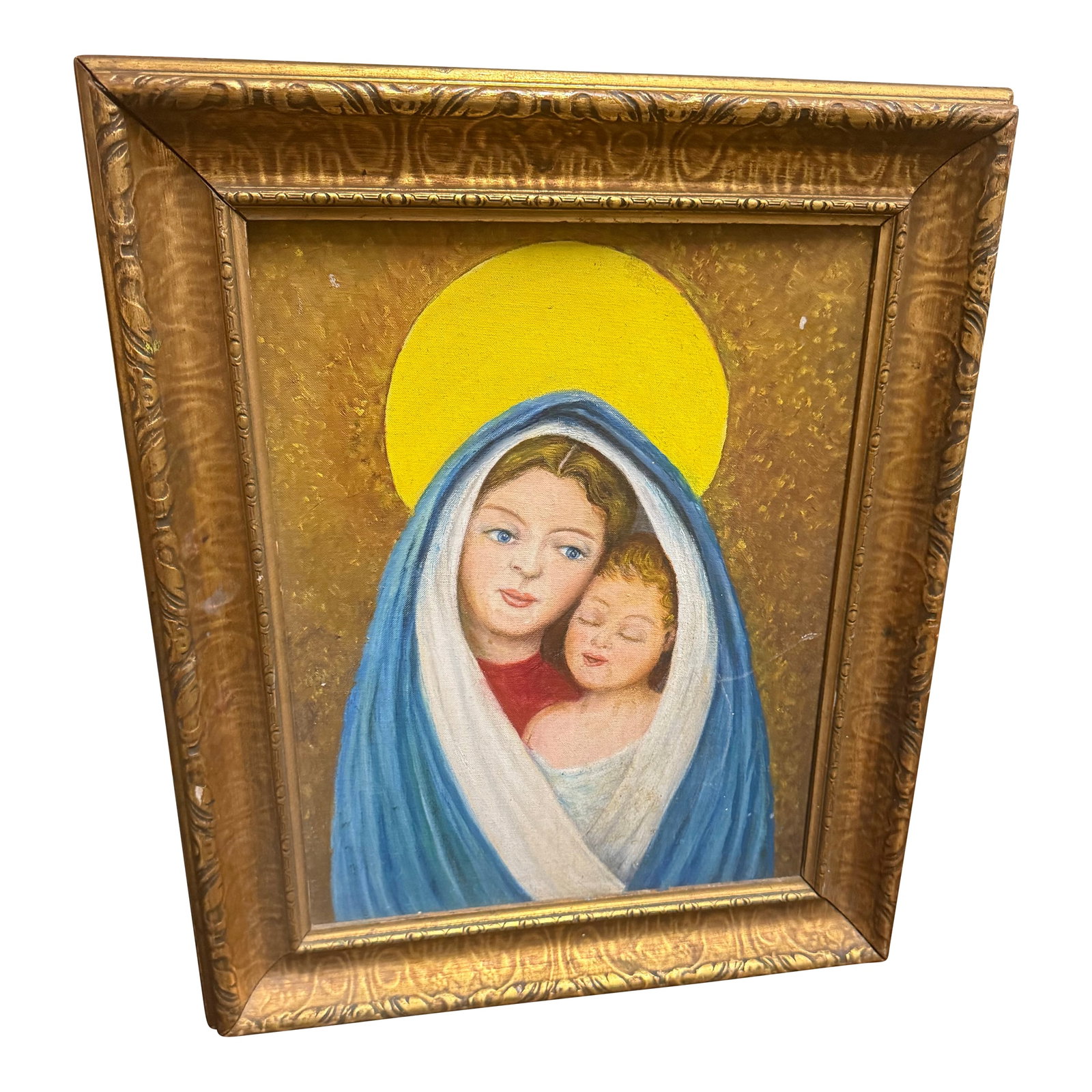 Original Mid-20th Century Mother With Child Painting: I'm loving the gold background, it really makes the blue and yellow pop. Acrylic on canvas board and frames in a really nice antique giltwood frame. Painting dates mid-20th century. Welcome to Solid