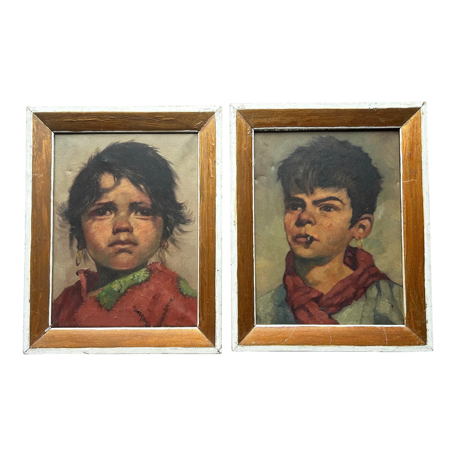Antique 19th Century Pair of Portraits of Children, Framed: Antique, 19th century, pair of portraits of two children. Features one boy and one girl, the boy has a cigarette in his mouth. Each painting measures 9.5" x 12" and the frames appear to be artist made