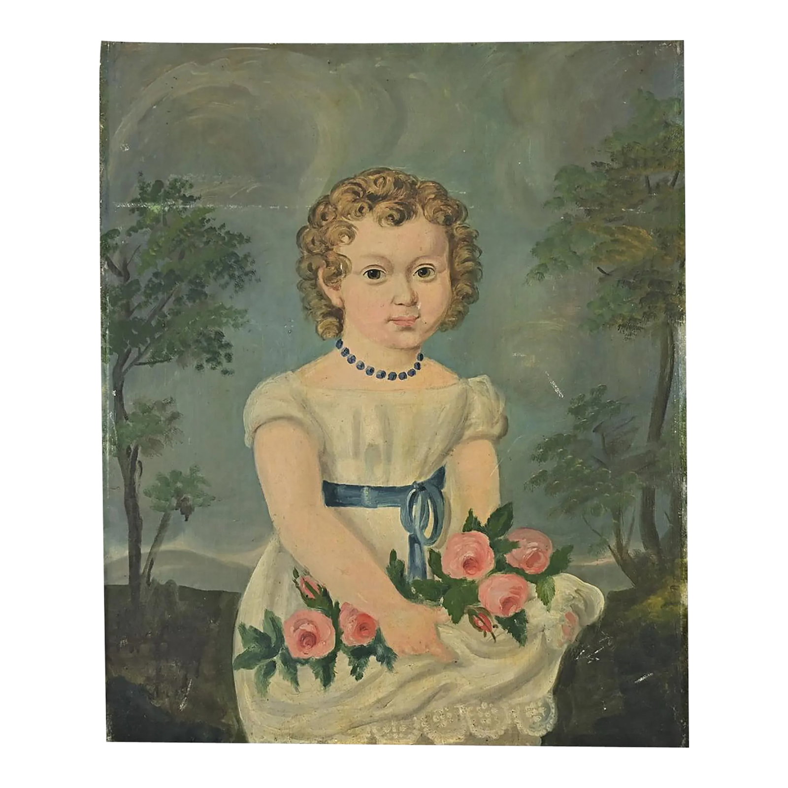French 19th Century Portrait of a Flower Girl: Dimensions: 21 3/4" H x 18" W x 1 1/8" D A heartwarming, late 19th century French oil-on-linen portrait of a young girl presenting a garland of pink flowers painted in a technique of folk art naivety