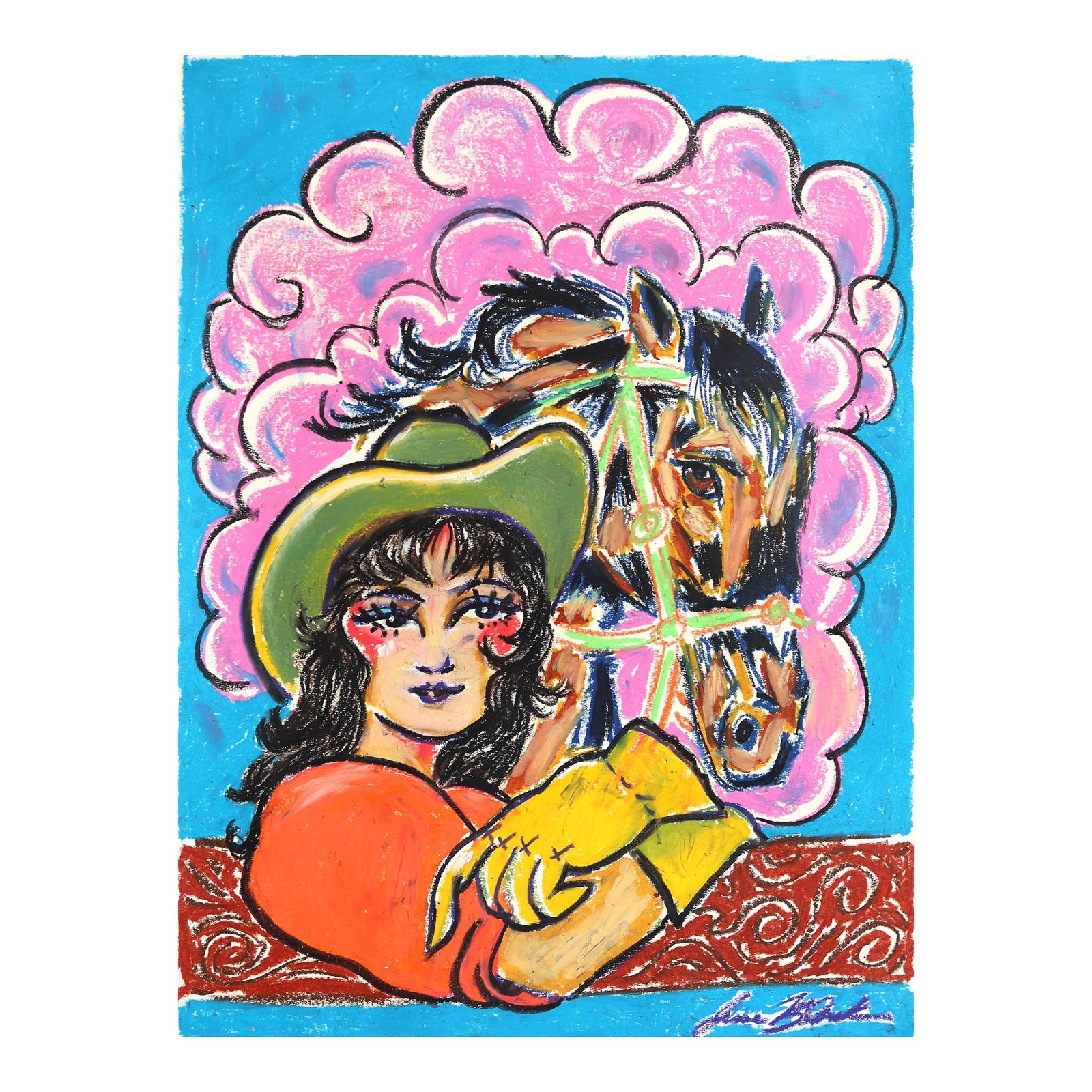 Wild West Dream - Colorful Playful Figurative Cowgirl Horse Mixed Media Original Artwork by Jesse Bl: Jesse's imagery often merges playful and gritty elements, blending floral patterns, vintage-inspired designs, and bold outlines with a touch of whimsy. His artwork exudes a sense of storytelling,