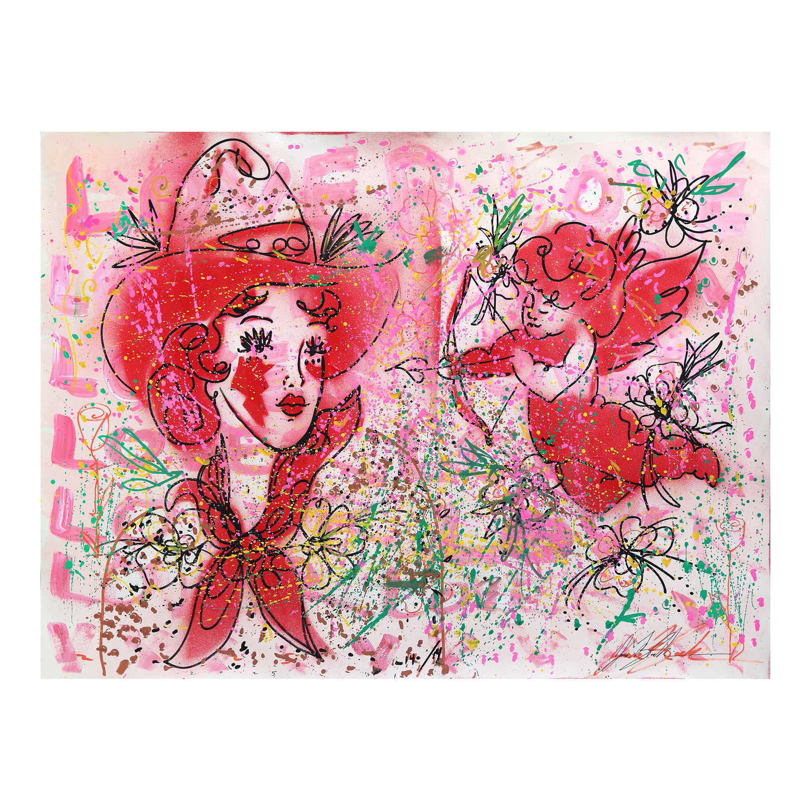 Lover 14 - Pink Figurative Cowgirl Love Inspired Art on Paper Original Artwork by Jesse Black: Jesse's imagery often merges playful and gritty elements, blending floral patterns, vintage-inspired designs, and bold outlines with a touch of whimsy. His artwork exudes a sense of storytelling,