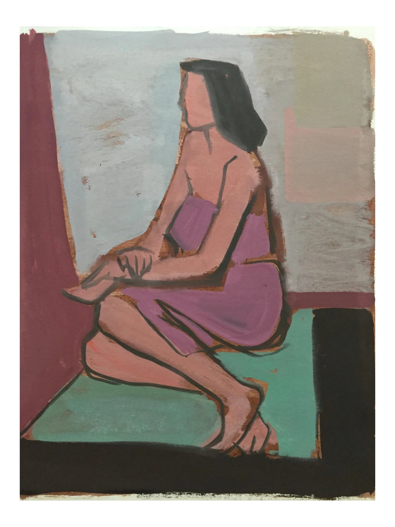 "Black Floor" by Jerry Opper 1940-1950's Gouache on Paper Mid Century Female Figure Painting: From the estate of Jerry opper & Ruth Friedman Opper "Black Floor" c. 1950's Gouache on Paper 15" x 18", Unframed Very Good Condition - Minor wear consistent with age and history. Wrinkling on bottom