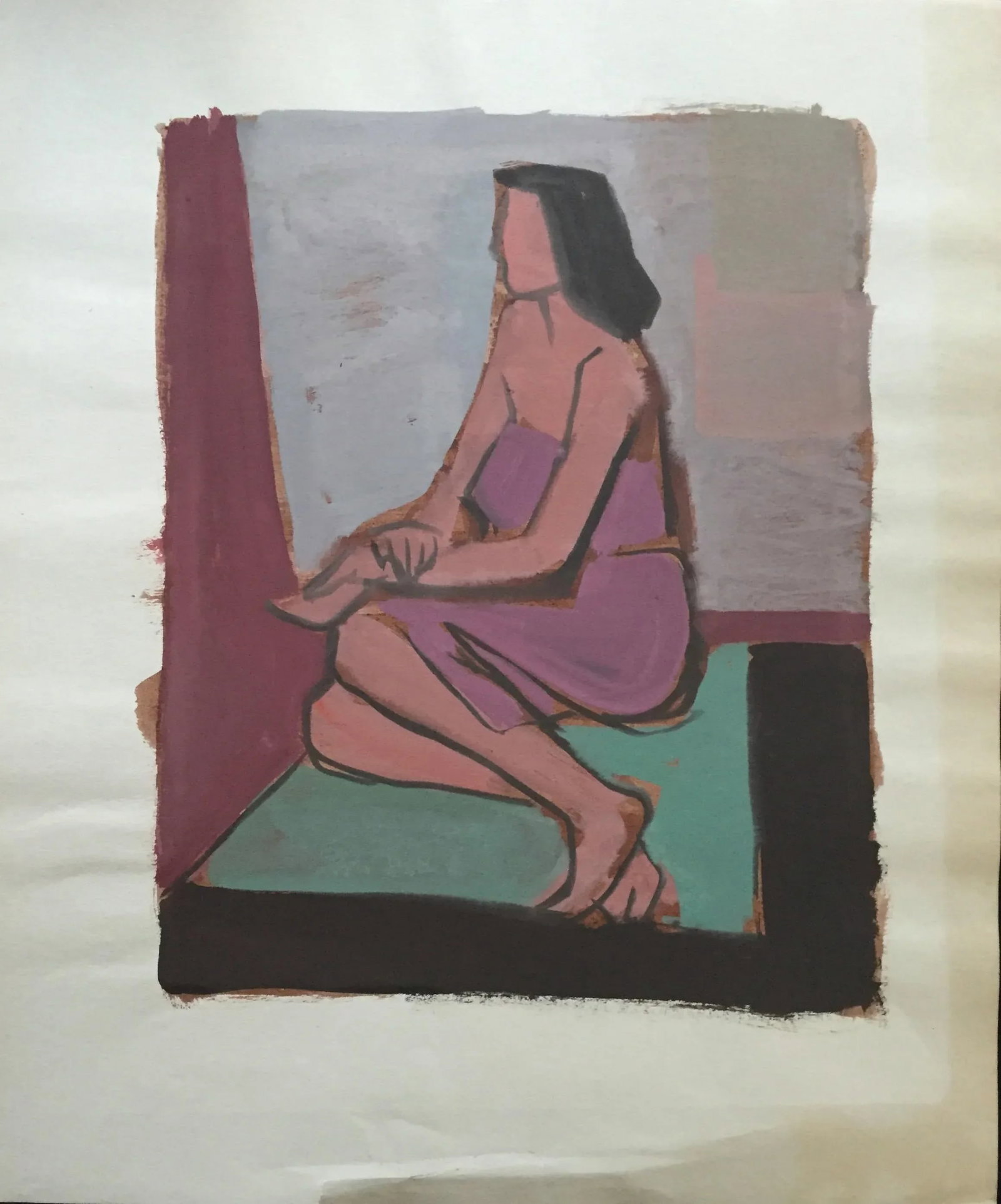 "Black Floor" by Jerry Opper 1940-1950's Gouache on Paper Mid Century Female Figure Painting - 2