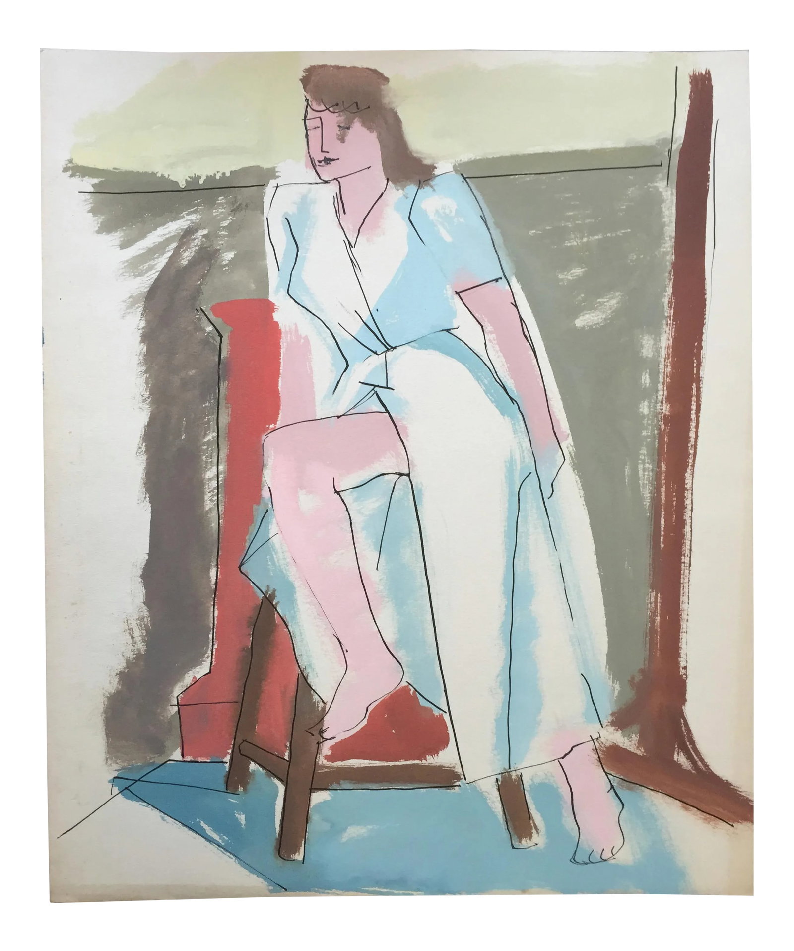 "Slit" 1950's Gouache Painting Mid Century Female: From the estate of Jerry Opper & Ruth Friedmann Opper "Slit" c. 1950's Gouache on Paper 15" x 18", Unframed Very Good Condition - Minor wear consistent with age and history. Discoloration around