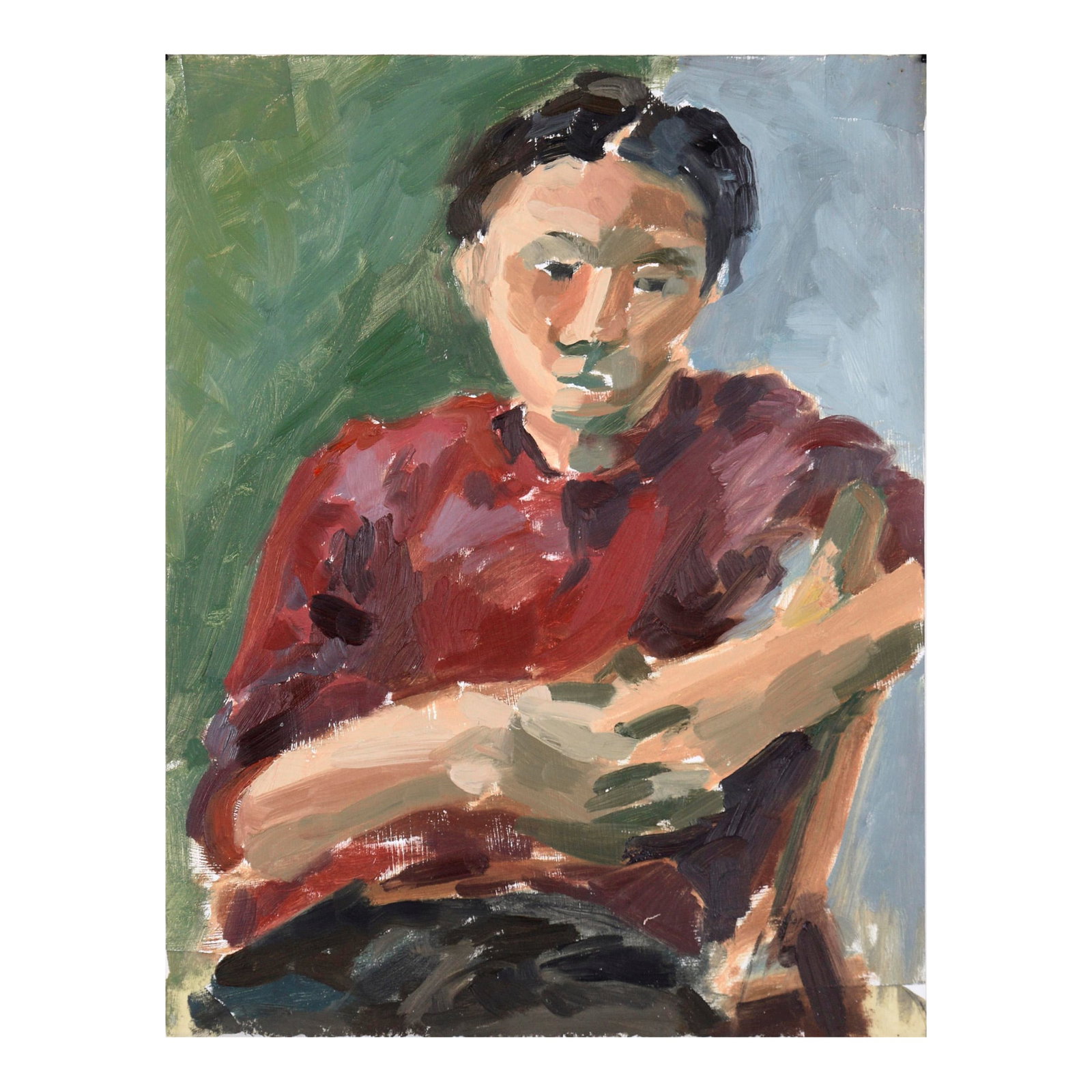 Portrait of a Woman in Red - Bay Area Figurative School Abstract Expressionist by Heather Speck: Portrait of a Woman in Red - Bay Area Figurative School Abstract Expressionist Abstracted portrait of a woman in red by San Francisco artist Heather Speck (American, b. 1978). A woman is seated