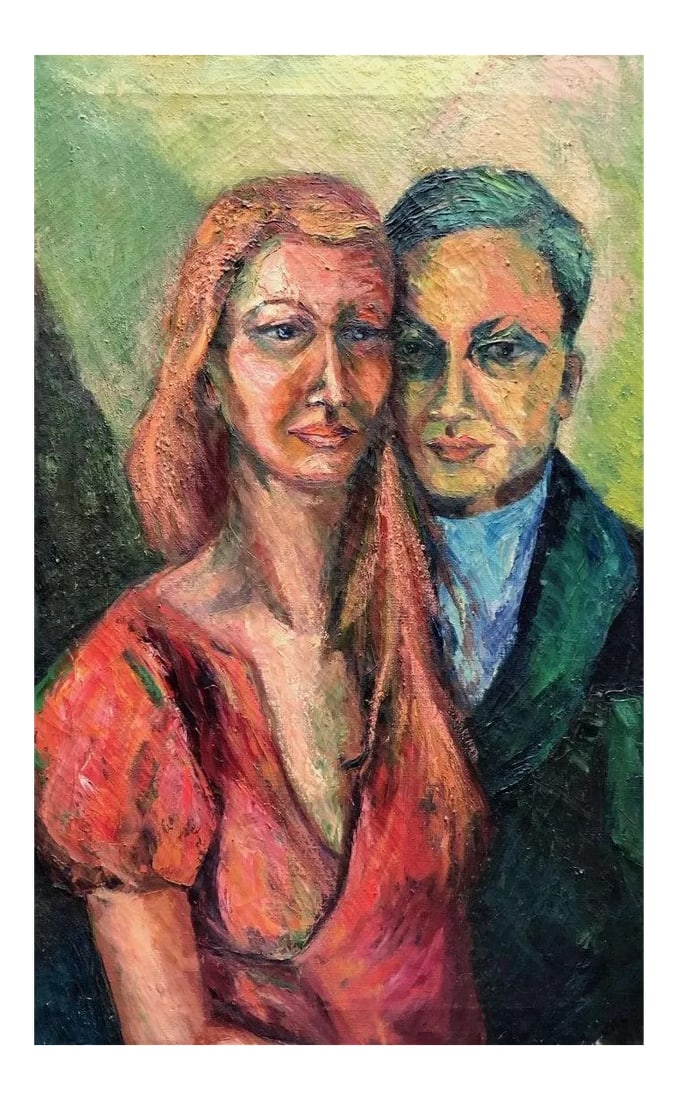 Original Vintage 1967 Portrait Painting: -Beautifully executed modernist portrait painting of a couple by an unknown artist (illegible signature), dated 1967. Oil paint on stretched canvas. Signed lower right. -Approximate dimensions: 32