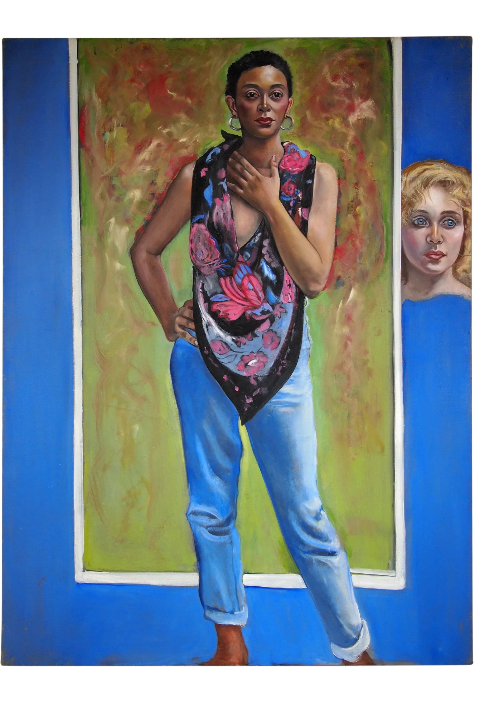 Original Greta Thyssen Guenther Large Portrait Painting of Black Woman - 40x30": Beautiful realist / surrealist portrait painting of a short-haired Black / African American woman with the head of a blonde woman in the background, by Danish movie actress and later artist Greta Thys