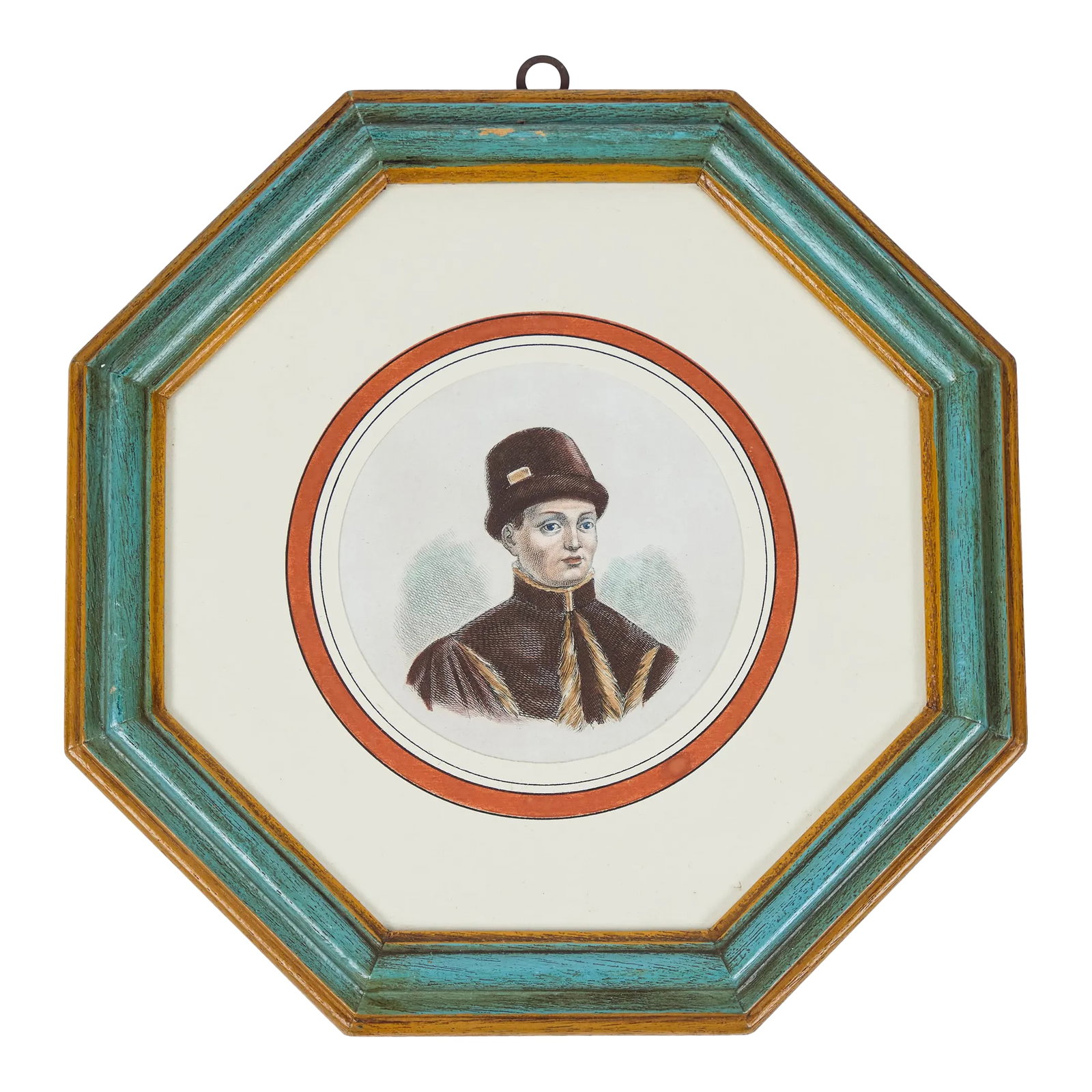 Antique Hand Colored Print of European Notable C 1800's | C: Antique Hand Colored Print of European Notable c 1800's in Original Octagonal Frame with Printed Round Mat, Italian. 11" x 11" x 1" h Condition: Alterations: Original Condition Unaltered