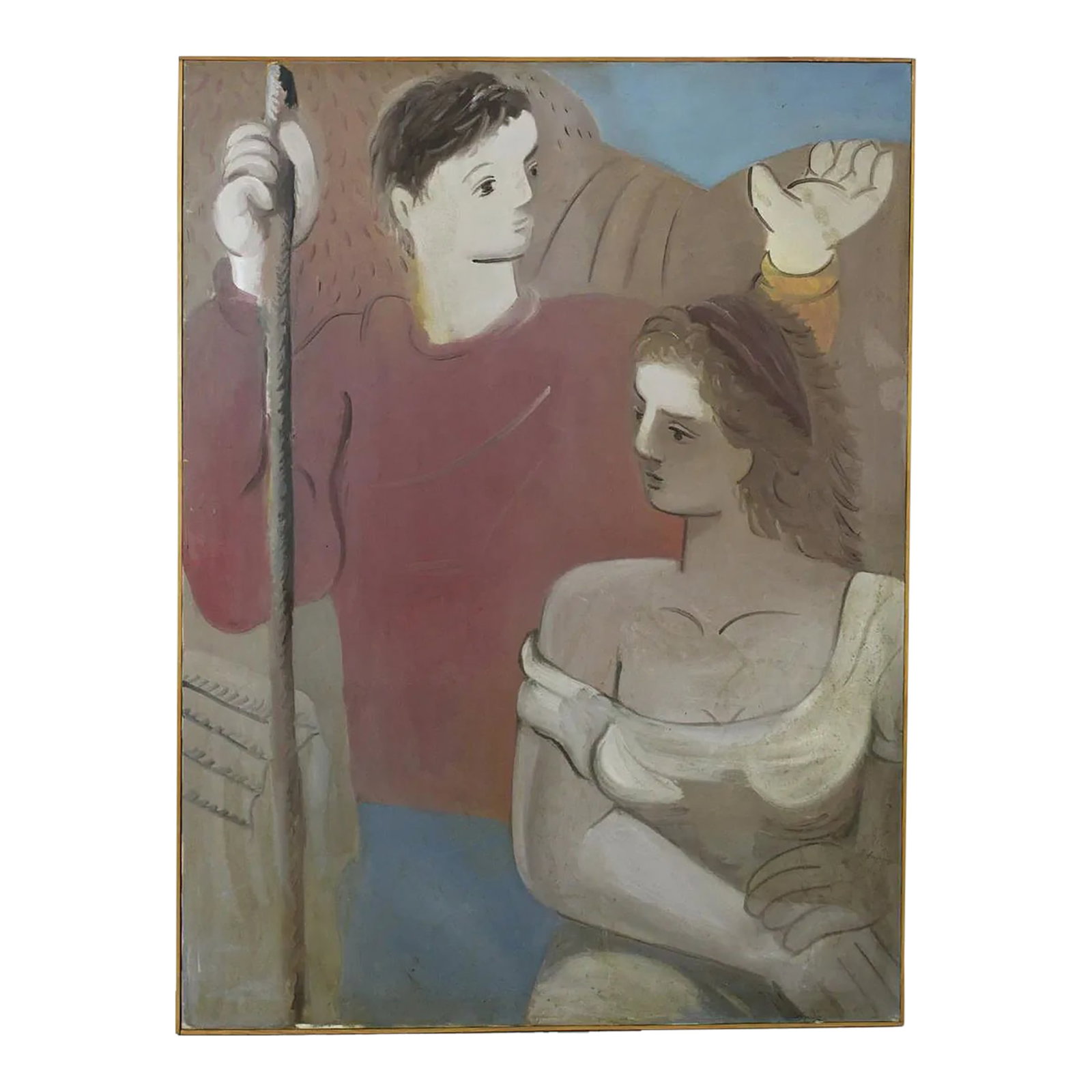 Mid 20th Century Cubist Couple Painting, Oil on Canvas., Framed: Cubist couple. Chic oil on canvas. Unsigned. From a Hamptons, NY estate. Dimensions: 48" h x 36" w. Frame: 48.5" h x 36.5" w. Condition: Foxing and some paint loss Condition: Alterations: Original Con