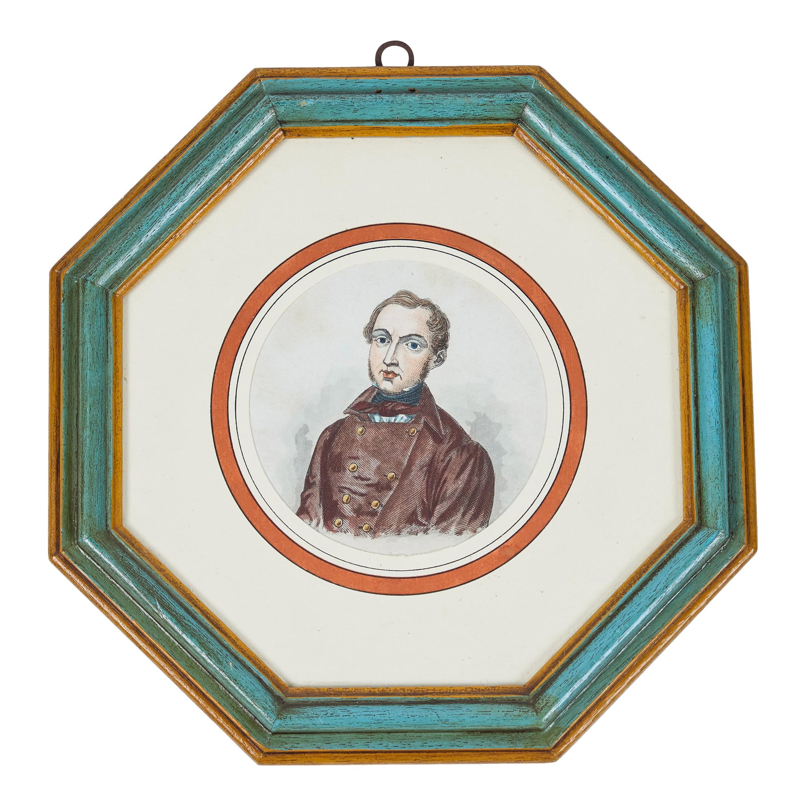 Antique Hand Colored Print of European Notable C 1800's | B: Antique Hand Colored Print of European Notable c 1800's in Original Octagonal Frame with Printed Round Mat, Italian. 11" x 11" x 1" h Condition: Alterations: Original Condition Unaltered