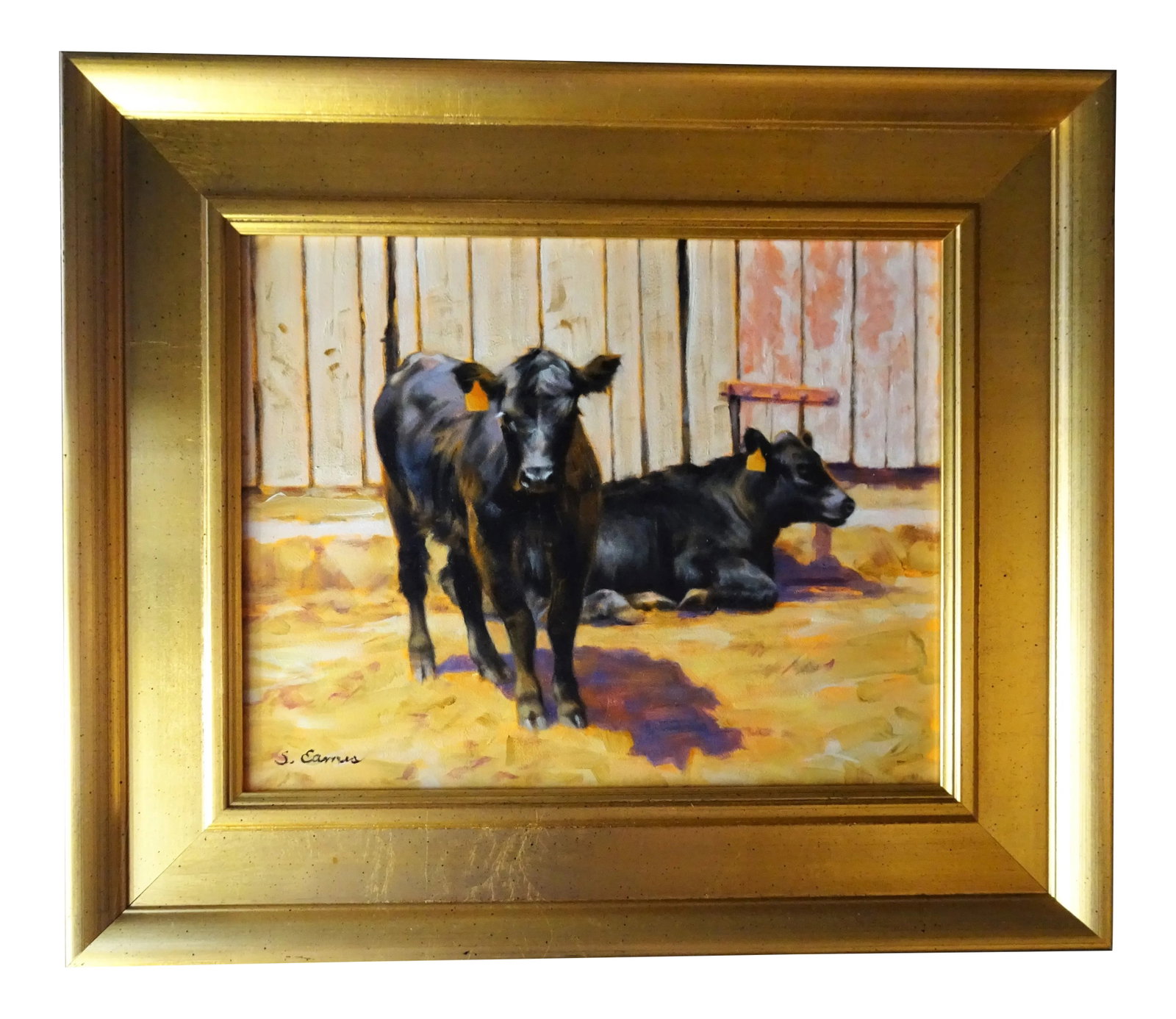 "Black Angus", Framed Small Oil Painting on Artist Board, Sandra Eames, Vermont Artist, 2017: This charming 8" x 10" oil painting of black Angus cows in a farmyard outside a rustic barn is by noted Vermont artist Sandra Eames of Woodstock. It is signed and dated 2017. She chooses the frames fo