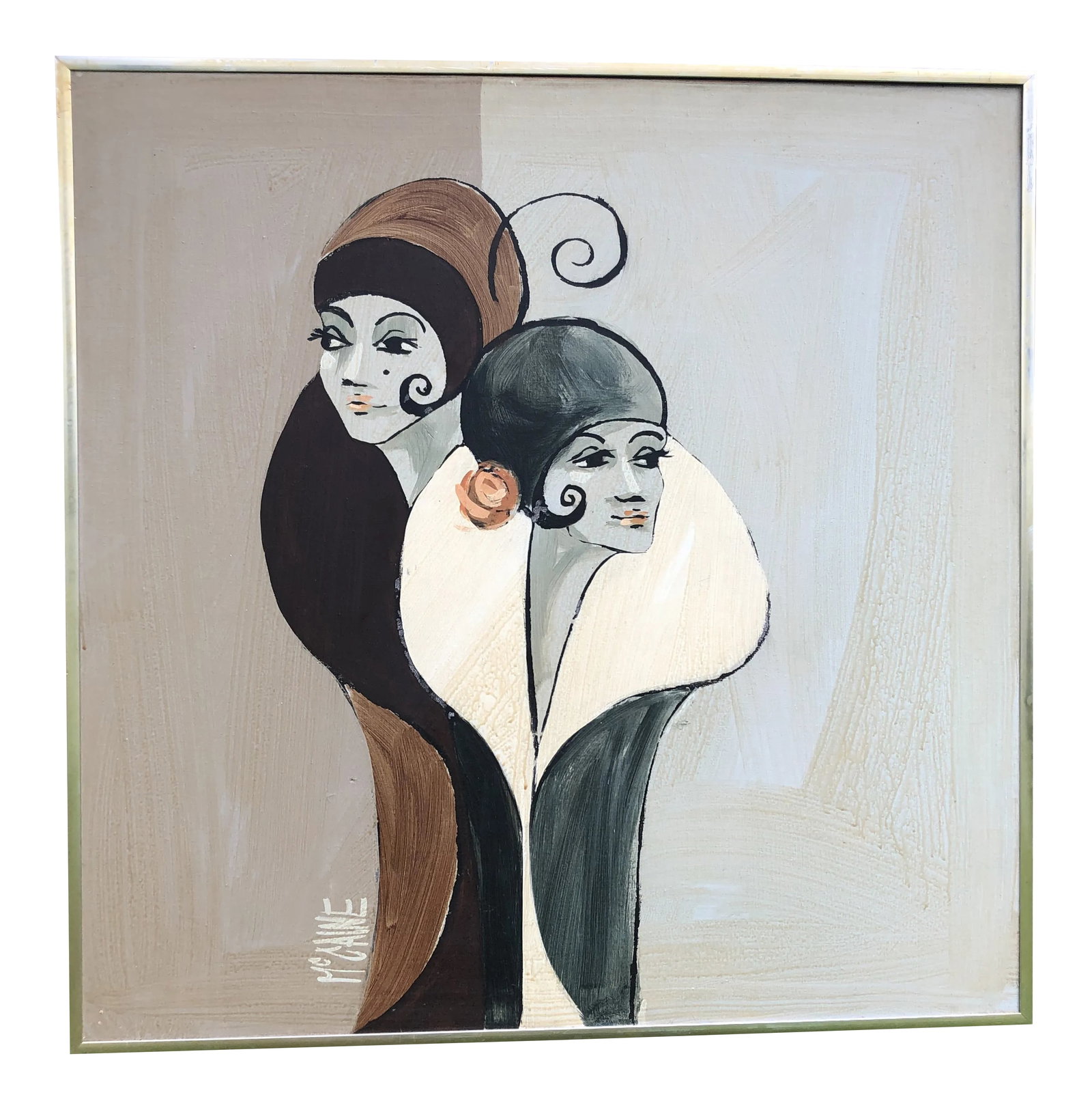 Vintage McClaine Oil Canvas Painting: Awesome vintage painting by McClain, oil painting of two women portrayed in a 20's style. Condition: Alterations: Original Condition Unaltered Imperfections: Some Imperfections Condition Notes: