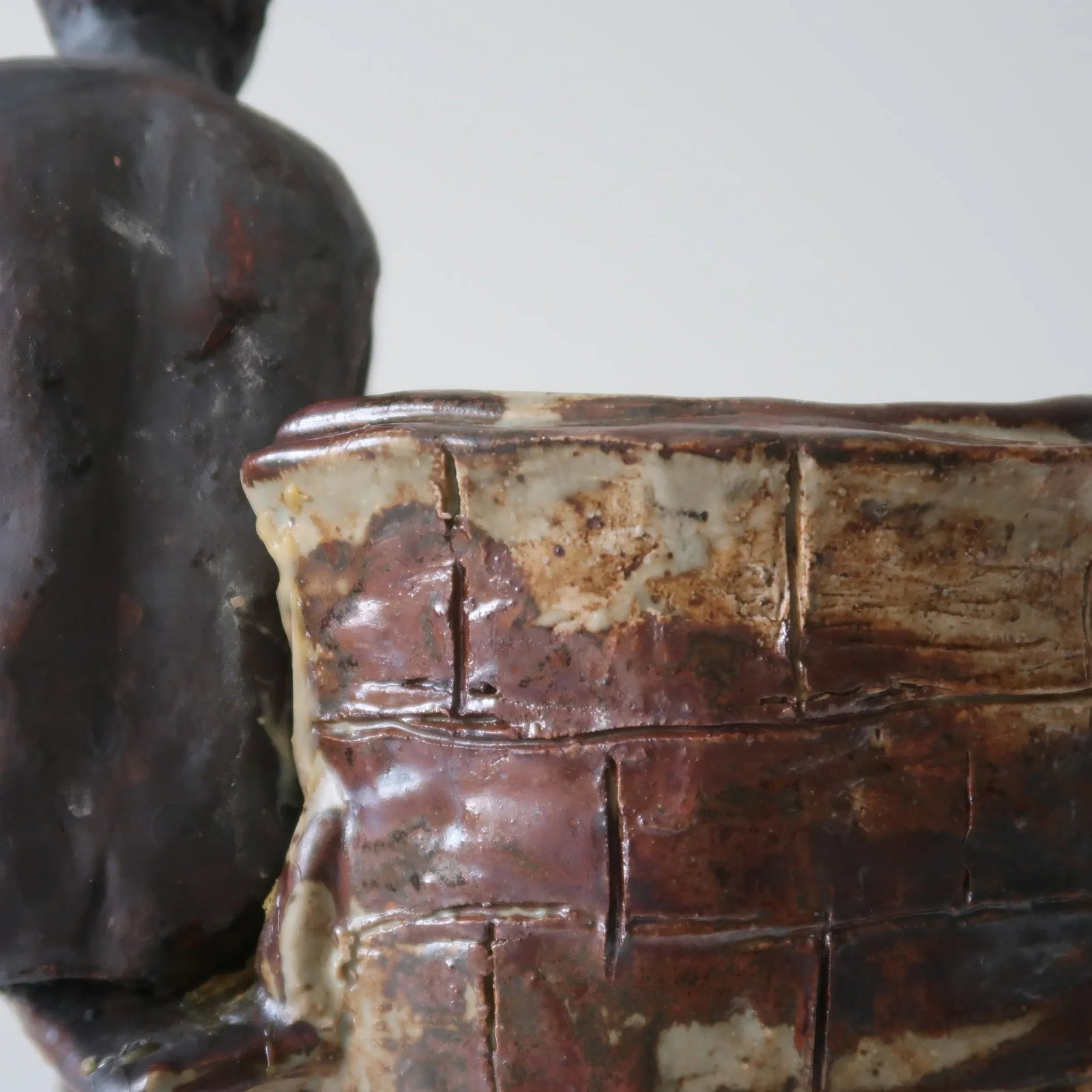 Mid 20th Century Signed Fine Art Ceramic Sculpture of Seated Figure on Textured Brick-Inspired Glaze - 10