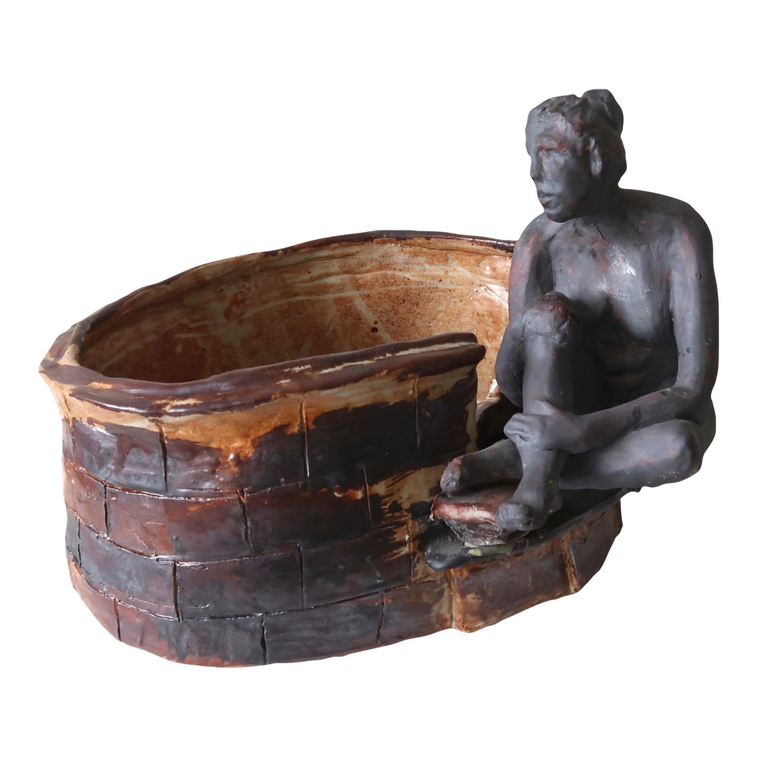 Mid 20th Century Signed Fine Art Ceramic Sculpture of Seated Figure on Textured Brick-Inspired Glaze (1 of 12)
