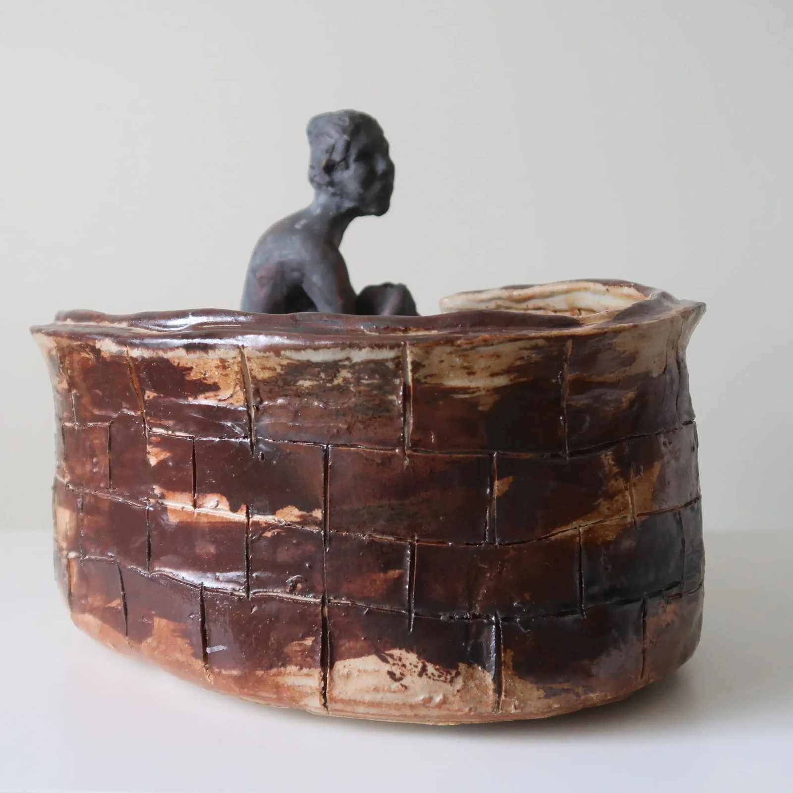Mid 20th Century Signed Fine Art Ceramic Sculpture of Seated Figure on Textured Brick-Inspired Glaze - 2