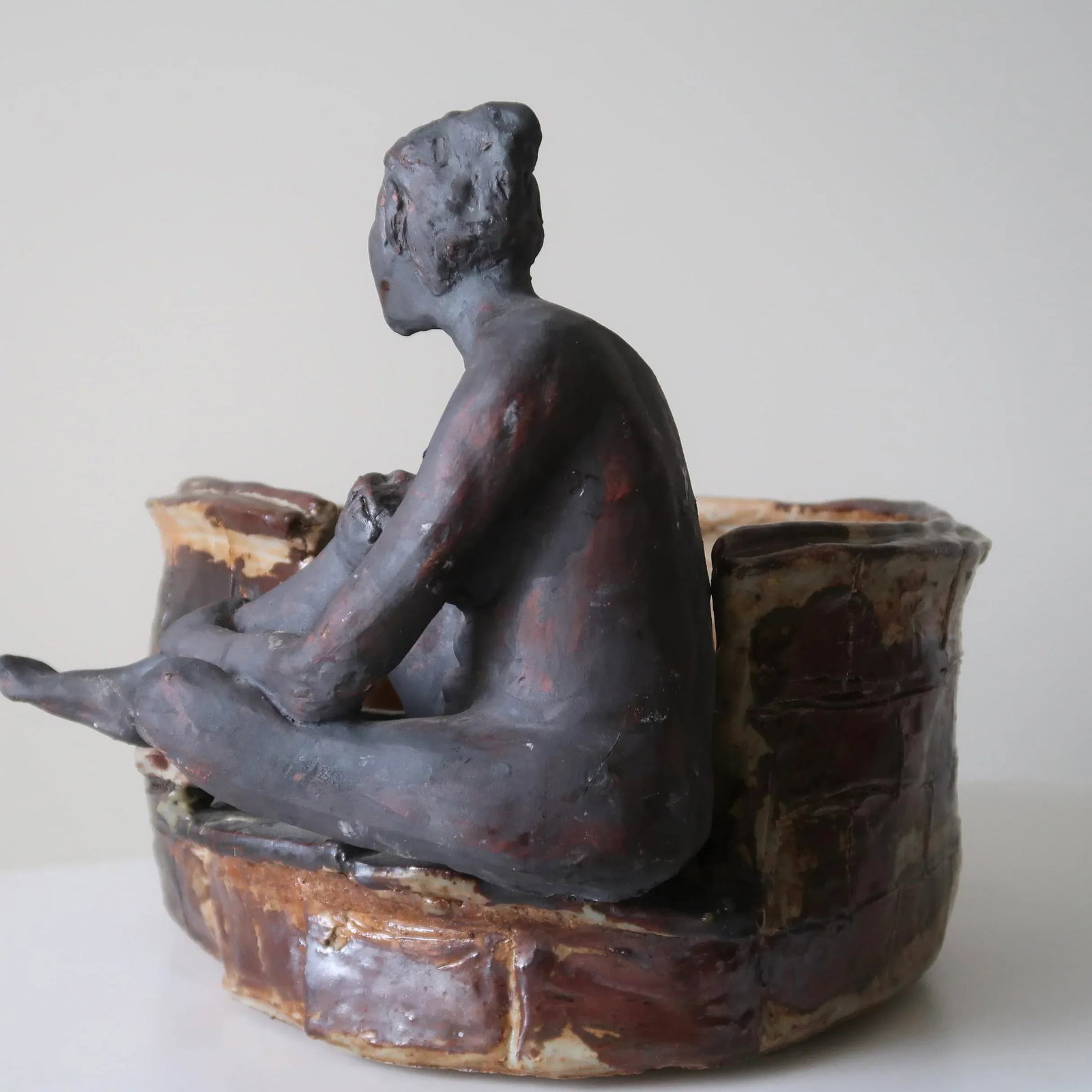 Mid 20th Century Signed Fine Art Ceramic Sculpture of Seated Figure on Textured Brick-Inspired Glaze - 3