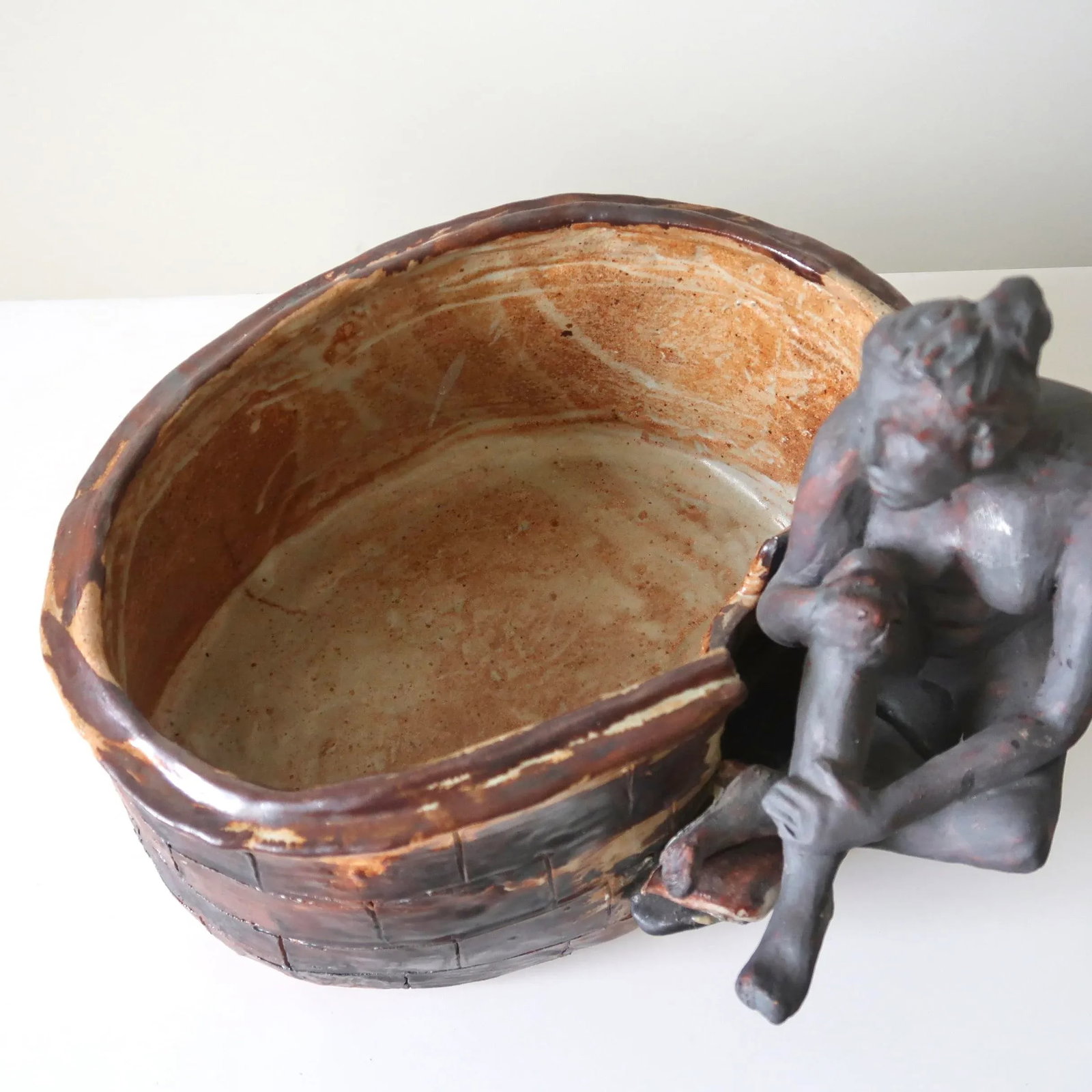 Mid 20th Century Signed Fine Art Ceramic Sculpture of Seated Figure on Textured Brick-Inspired Glaze - 4