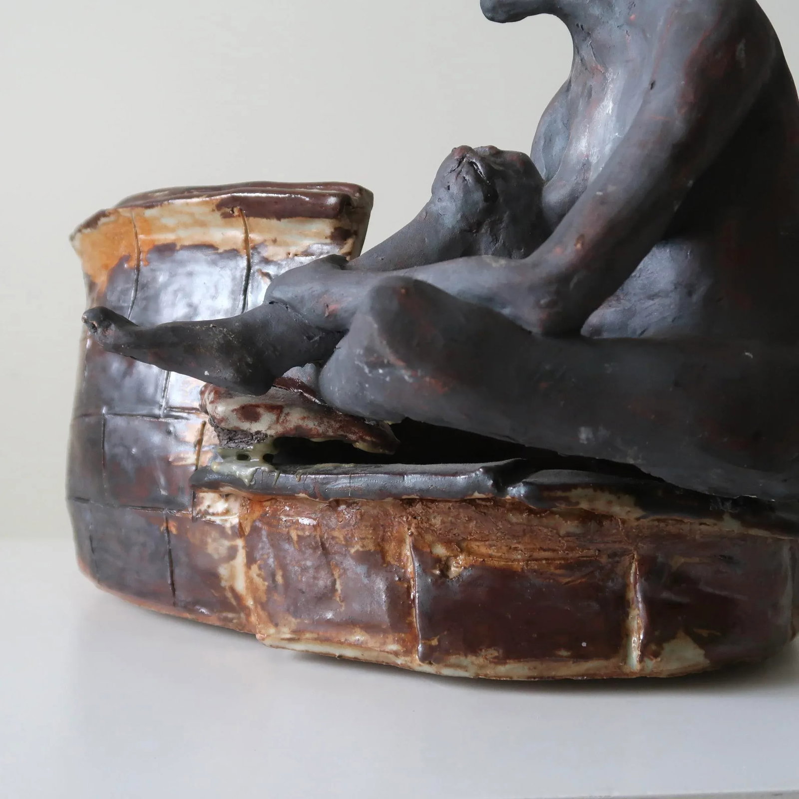 Mid 20th Century Signed Fine Art Ceramic Sculpture of Seated Figure on Textured Brick-Inspired Glaze - 8