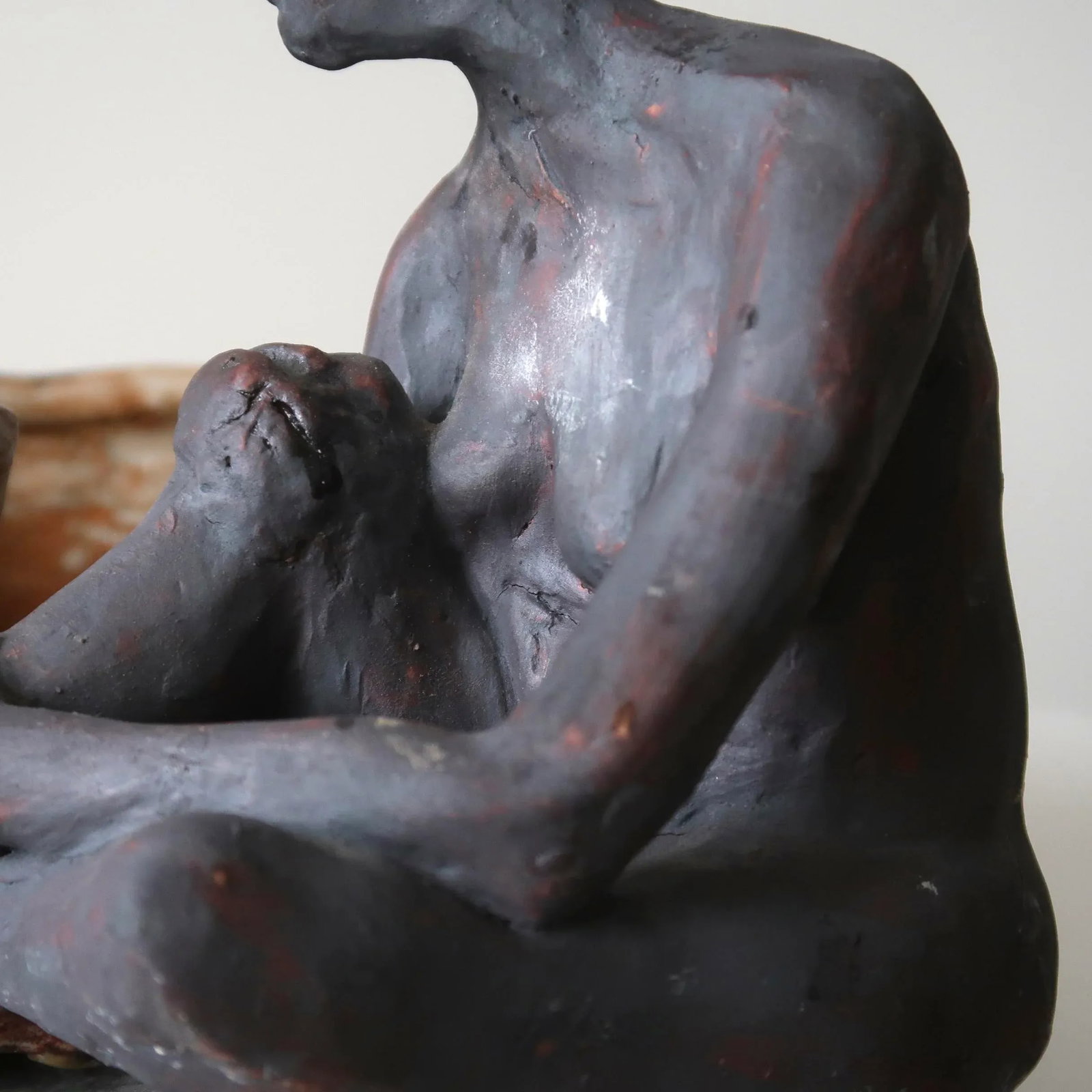 Mid 20th Century Signed Fine Art Ceramic Sculpture of Seated Figure on Textured Brick-Inspired Glaze - 9