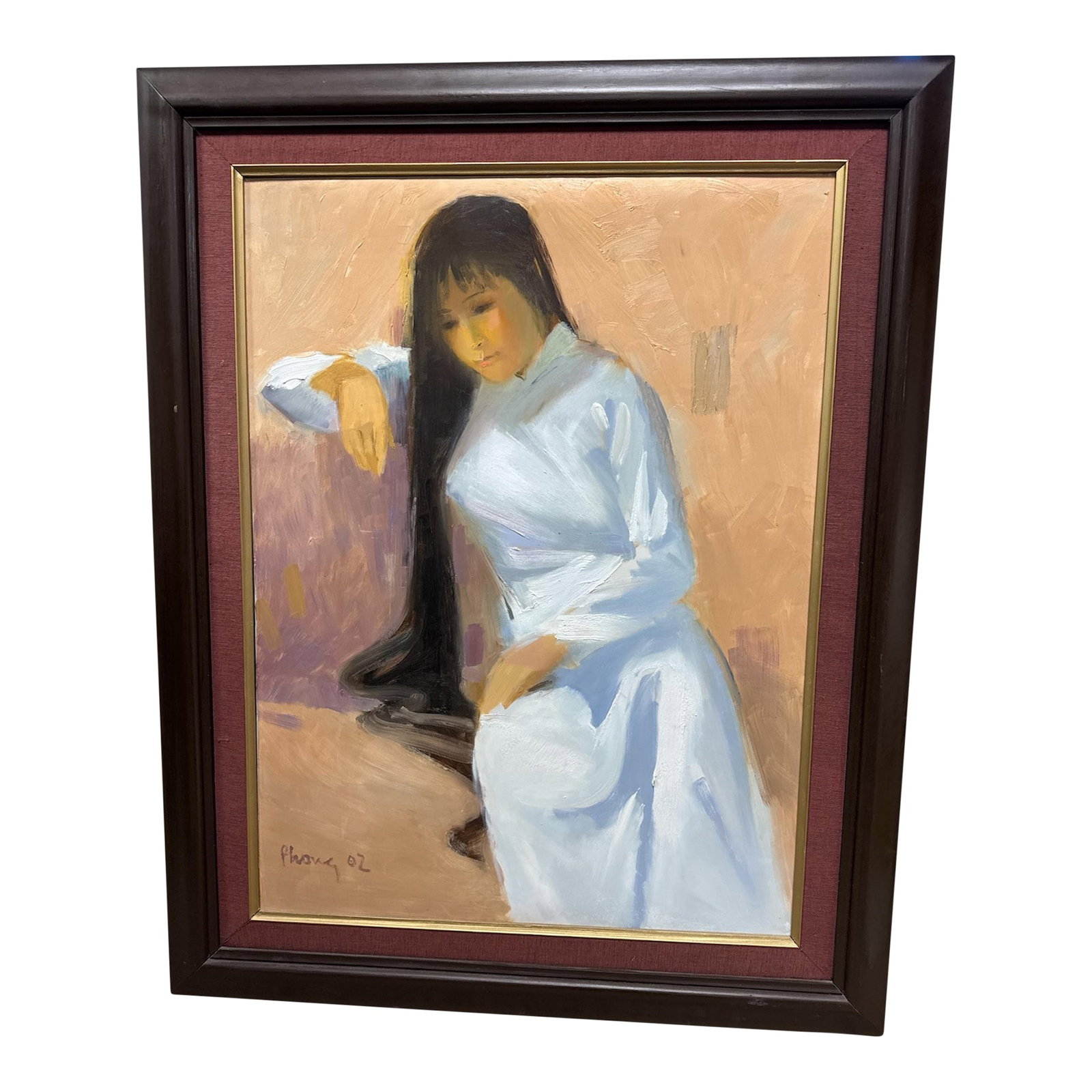 Pham Duc Phong Signed Vietnamese Woman Portrait Oil Painting 2002, Framed: Beautiful original oil painting by Vietnamese artist Pham Duc Phong of a portrait of a young woman. Painting and Book are signed Condition: Alterations: Unknown Imperfections: Some Imperfections