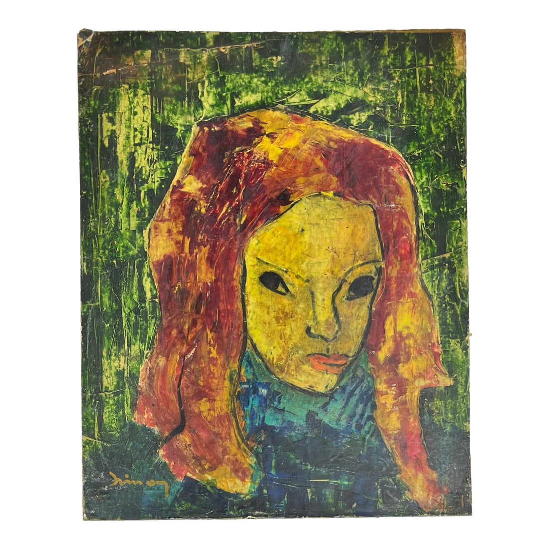 Expressionist Portrait on Board, Signed: A vintage portrait on board in the expressionist style. This artwork is signed in the bottom left corner. Condition: Alterations: Original Condition Unaltered Imperfections: Some Imperfections