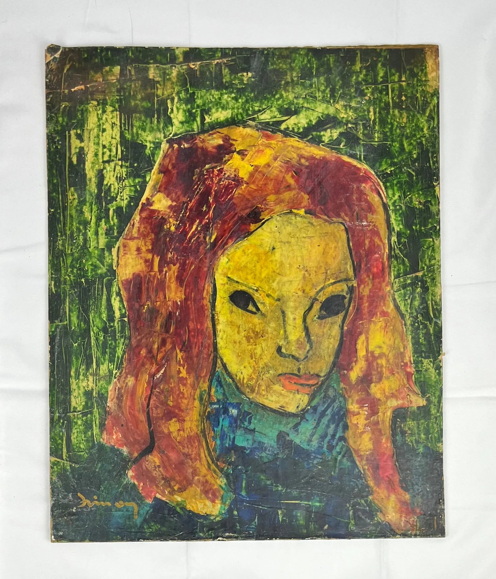 Expressionist Portrait on Board, Signed - 2