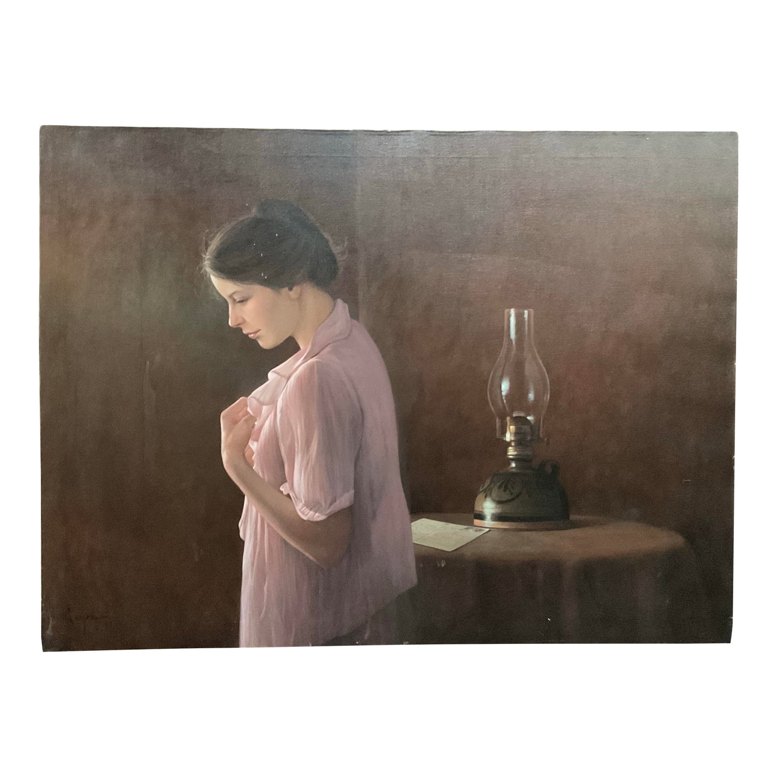 Late 20th Century Original Oil on Canvas Portrait Painting Signed by Artist - Unframed: A beautiful portrait painting of a beautiful young lady dated 1983. The details are crisp and clear as a photograph. The post card is almost legible and the lamp is incredible done. It is a large oil 