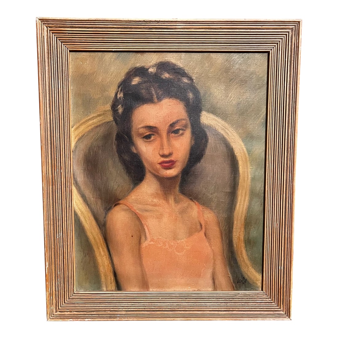 "Little Ballerina" MCM Portrait Signed Oil Painting: Gorgeous ballerina portrait with nice color balance and nice frame is intact. Signed by the artist George Foster. Interior size is 16x20. Condition: Alterations: Original Condition Unaltered