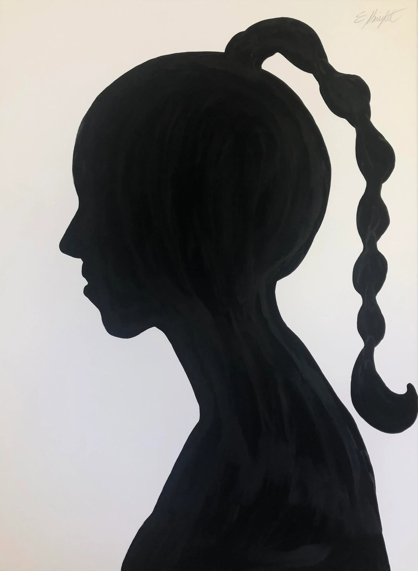 "Silhouette With Braid" Original Painting on Paper Signed by Artist: Black and white painting on paper, original painting that is signed by the artist. Artist paints in a mix of oil paint and layer to create a unique texture and consistency to paint. Painting is unfram