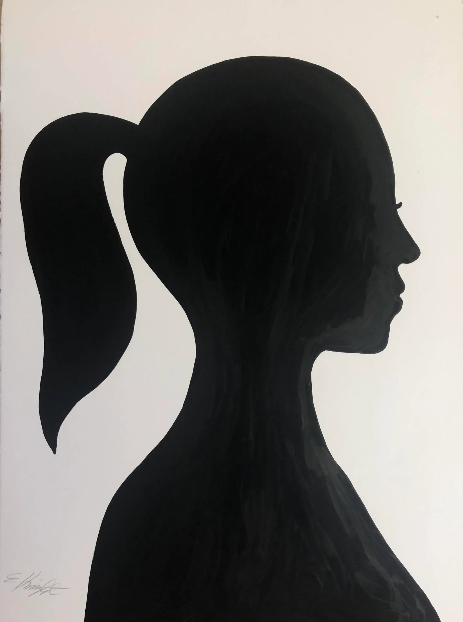 "Silhouette With Ponytail" Original Oil Painting on Paper Signed by Artist: Black and white painting on paper, original painting that is signed by the artist. Artist paints in a mix of oil paint and layer to create a unique texture and consistency to paint. Painting is