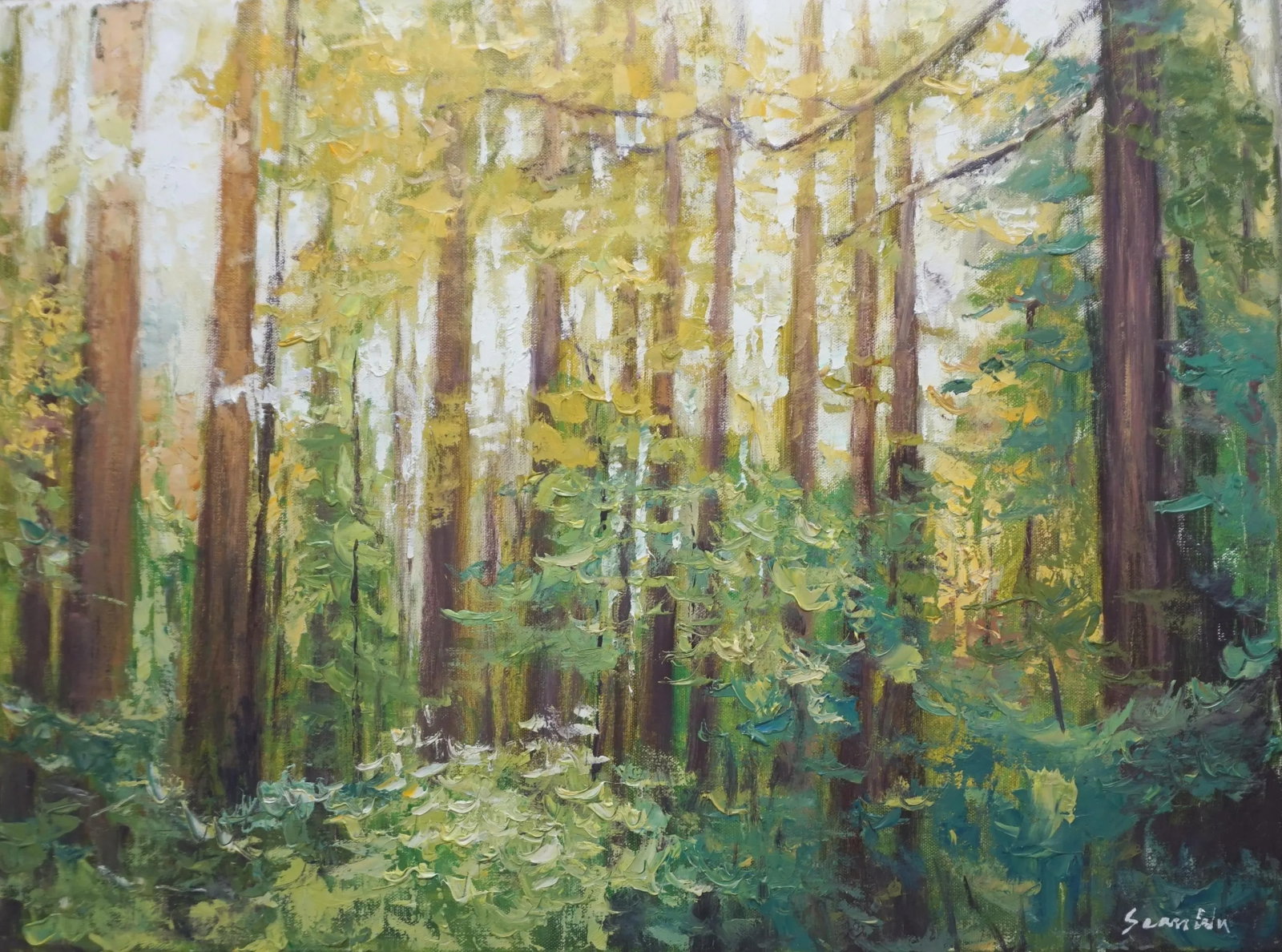 Sean Wu Original Oil Landscape of Cedar Grove: Original oil landscape by Sean Wu, Cedar Grove Condition: Imperfections: No Imperfections Origin: United States Materials & Techniques: Oil Paint PLACEHOLDER SHIPPING NOTES: Winning bidders will
