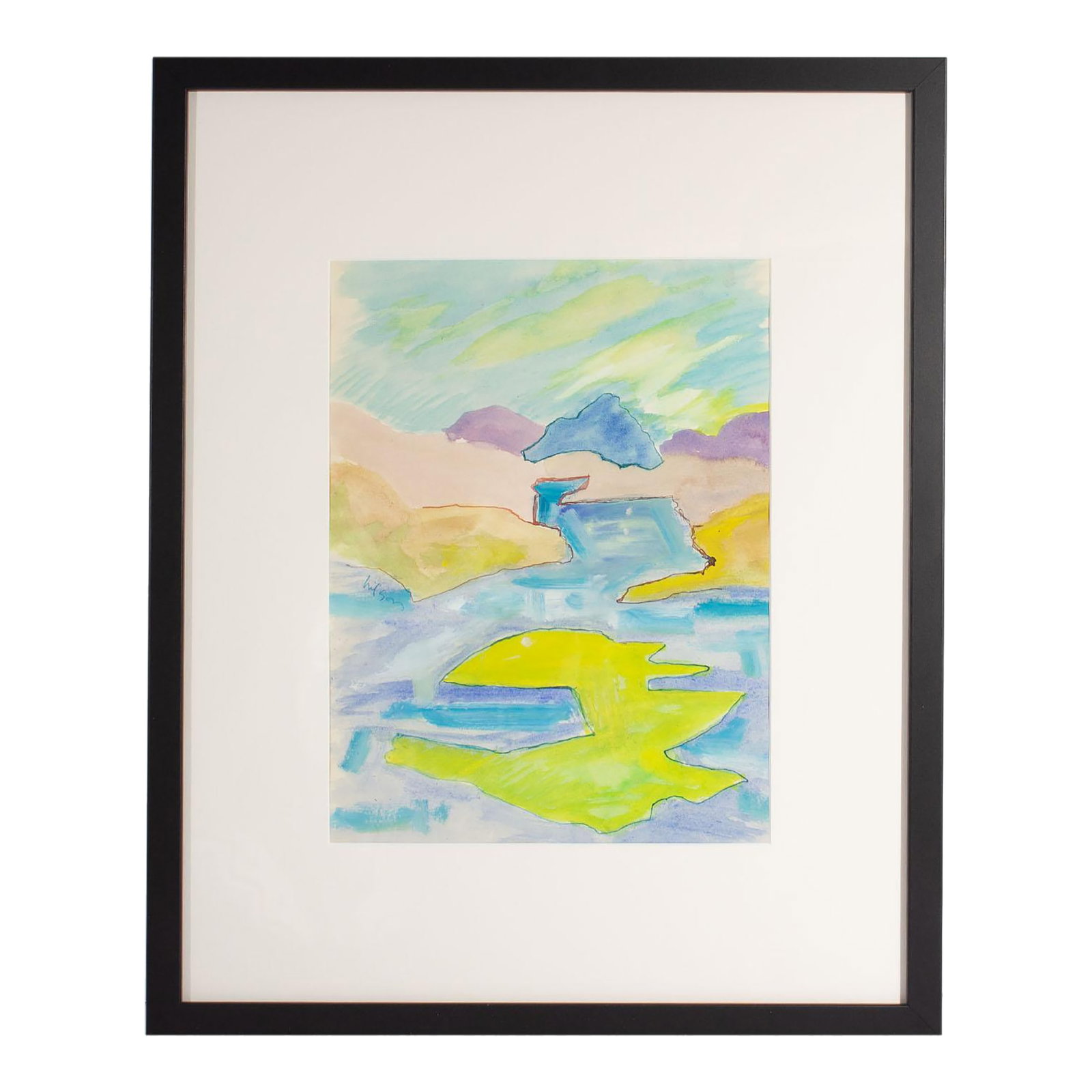 Abstract Watercolor Landscape Painting by Harry Hilson: A watercolor painting by the American artist Harry Hilson (1935-2004). This abstract painting depicts a colorful landscape replete with distant mountains and a blue stream in the foreground. Signed