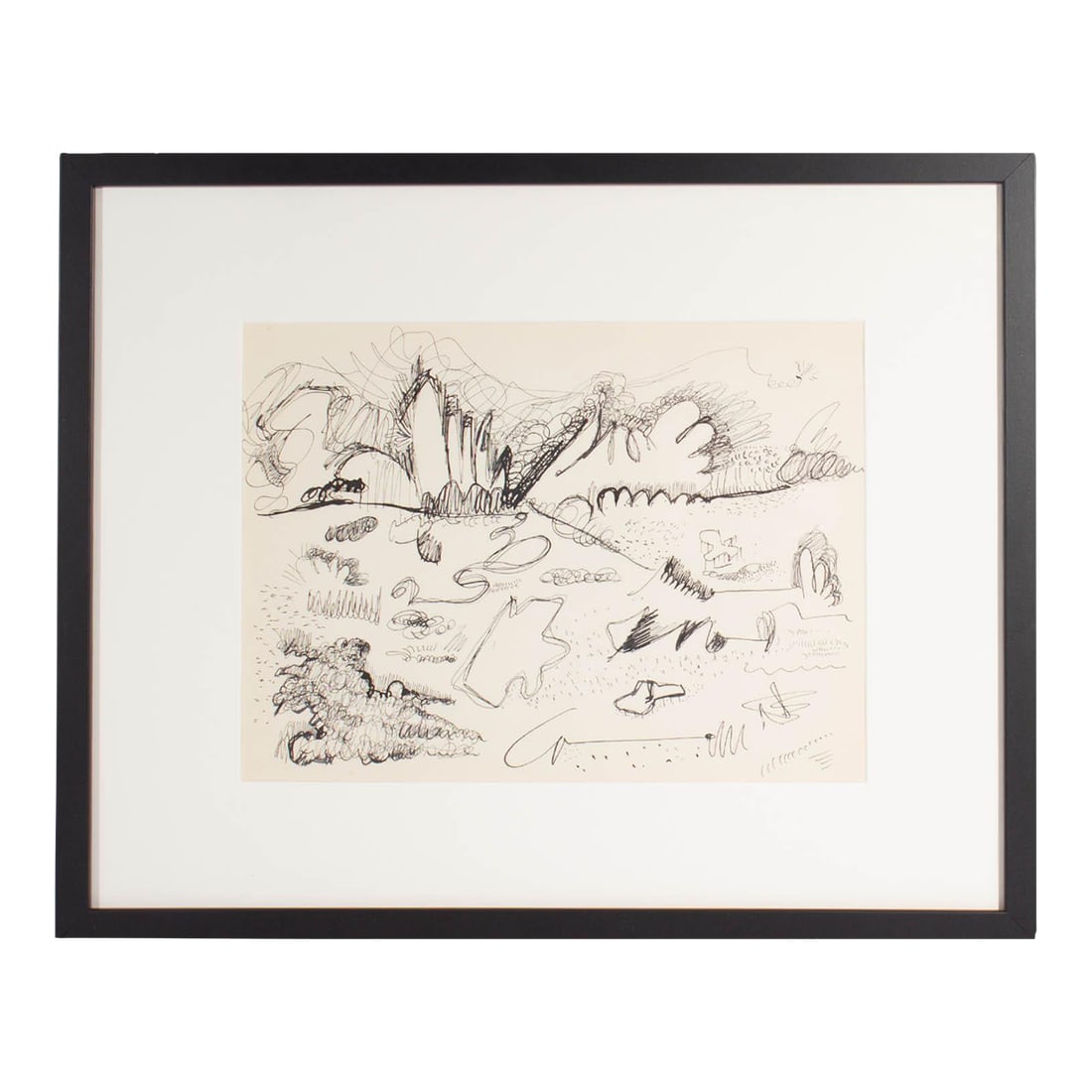 1960s Abstract Landscape Ink Drawing by Harry Hilson: A 1960s ink drawing by the American artist Harry Hilson (1935-2004). This abstract work depicts an abstract landscape filled with biomorphic and botanical shapes. Signed to the lower center, the