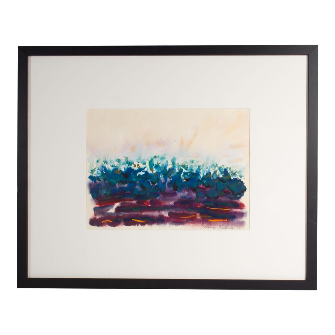 1977 Abstract Gouache Landscape Painting by Thomas Salmoman: A 1977 gouache painting by the American artist Thomas Saloman. This vibrant work depicts an abstract landscape dark purple, blue, and orange. Signed and dated to the lower right, the painting is