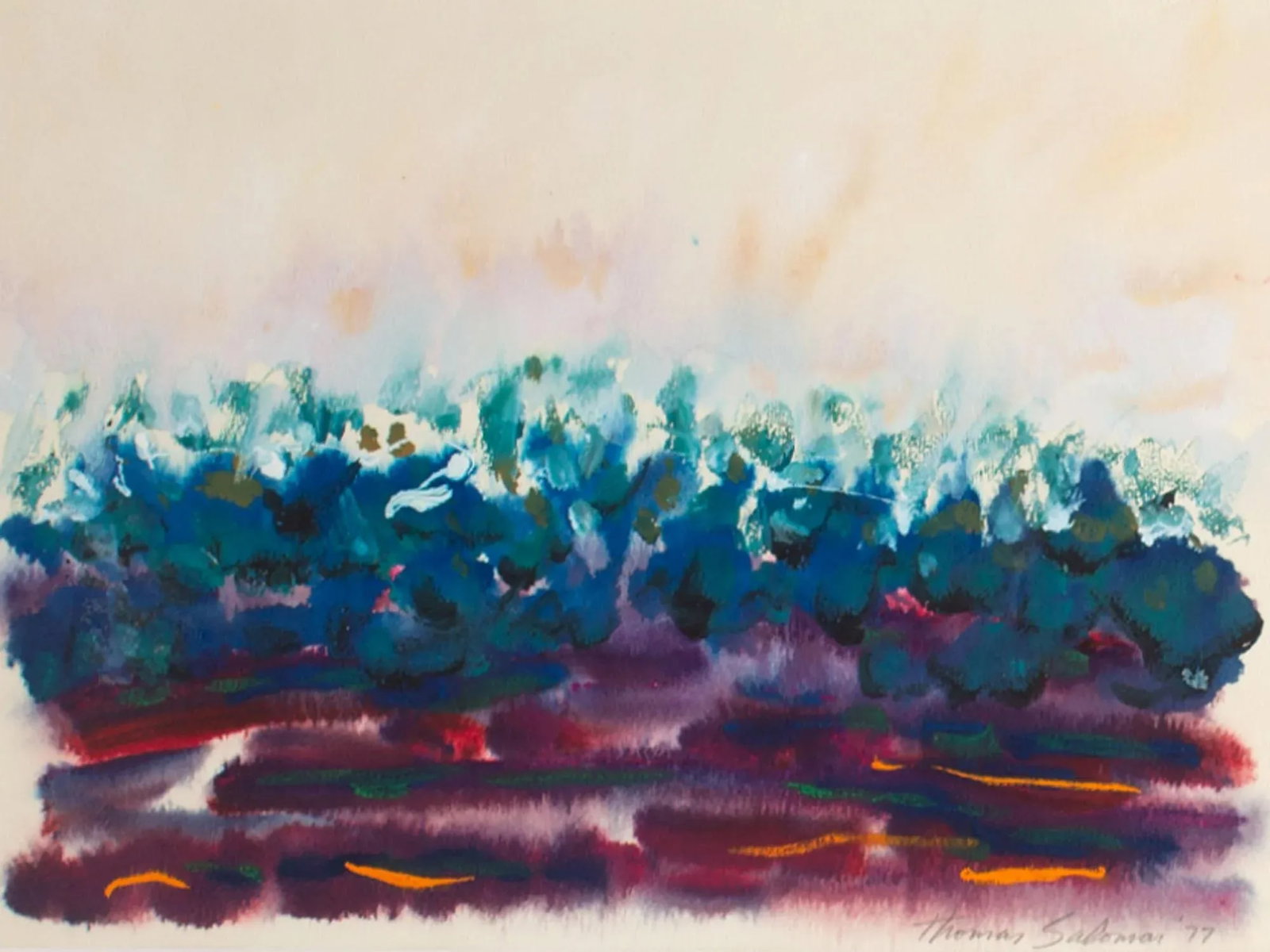 1977 Abstract Gouache Landscape Painting by Thomas Salmoman - 2