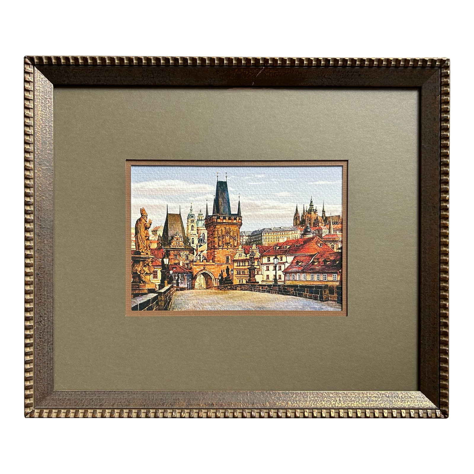 Vintage Watercolor of the Charles Bridge in Prague: Vintage original realistic watercolor of the Bridge over the Charles River in Prague. Very well done watercolor with bright, vibrant colors done on cold press watercolor paper. In original wood frame.