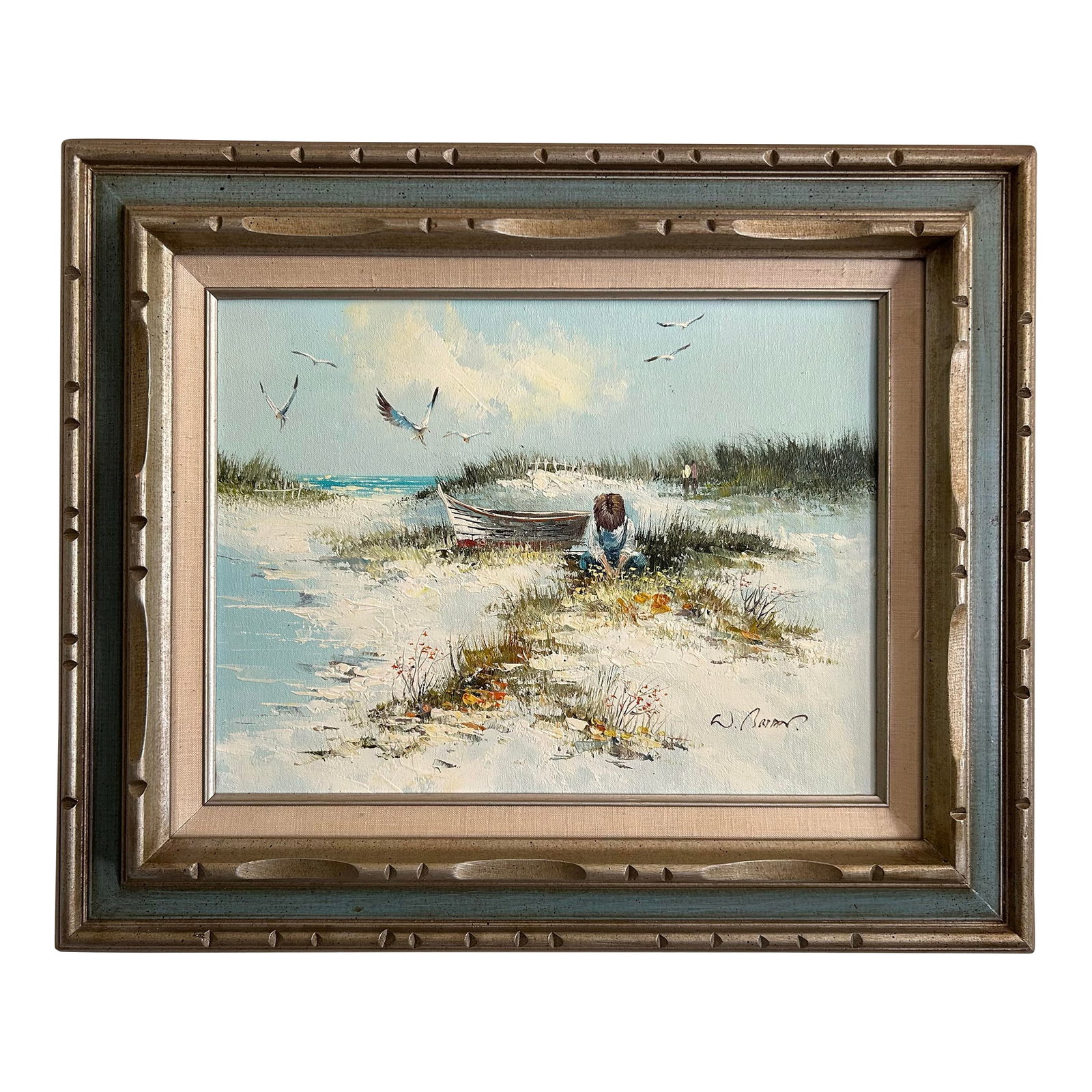 1960's Vintage Framed Oil Painting of Child on Beach: Vintage 1960's oil painting on canvas of a young child playing on the beach. In original vintage frame. Signed to the lower right corner. Painting measures 12" x 16" and overall with frame measures