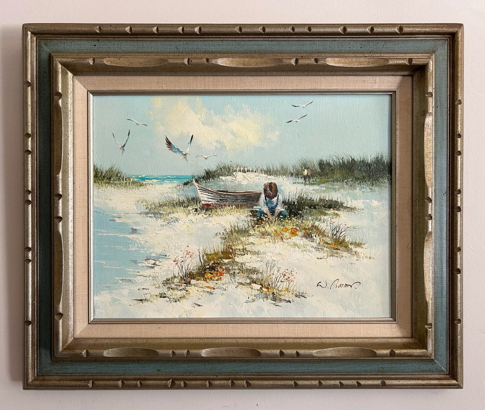 1960's Vintage Framed Oil Painting of Child on Beach - 2