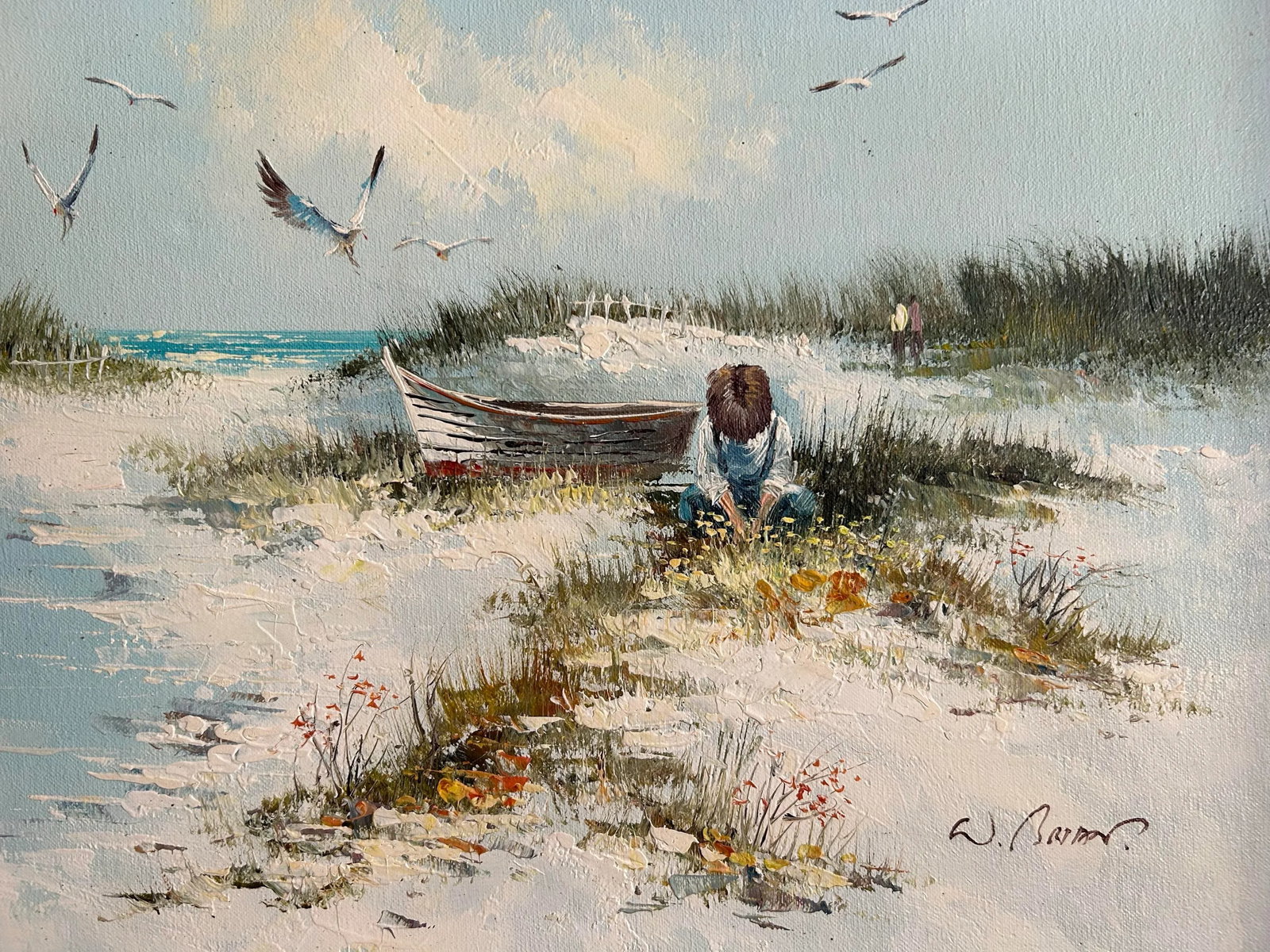 1960's Vintage Framed Oil Painting of Child on Beach - 4