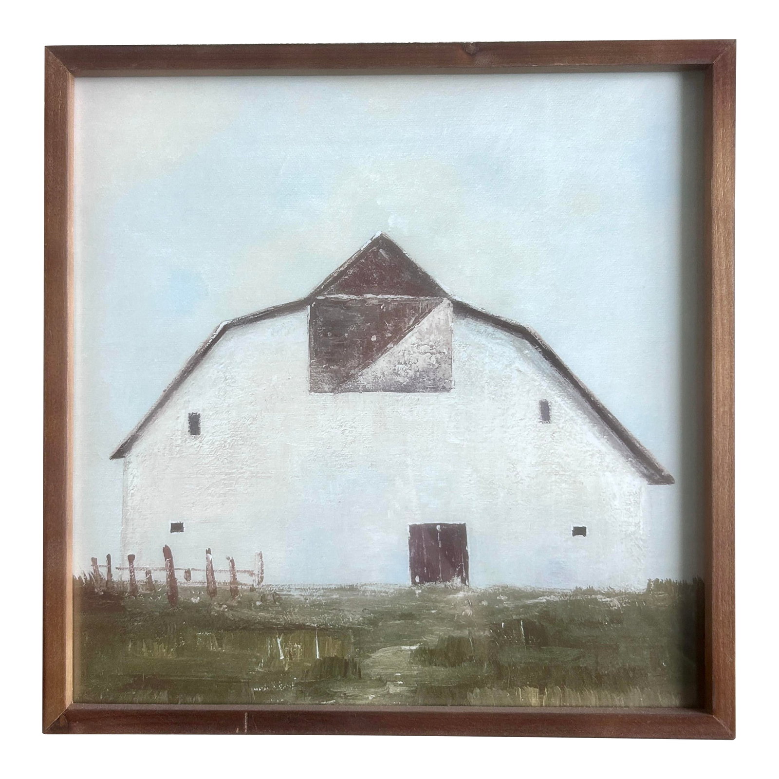 Vintage Painting of a White Barn Framed Print: Vintage Painting of a White Barn Framed Print. Acquired from the store Djuna, in Denver in 2018. Space between the2 hook is 14.5". Condition: Alterations: Original Condition Unaltered Imperfections: