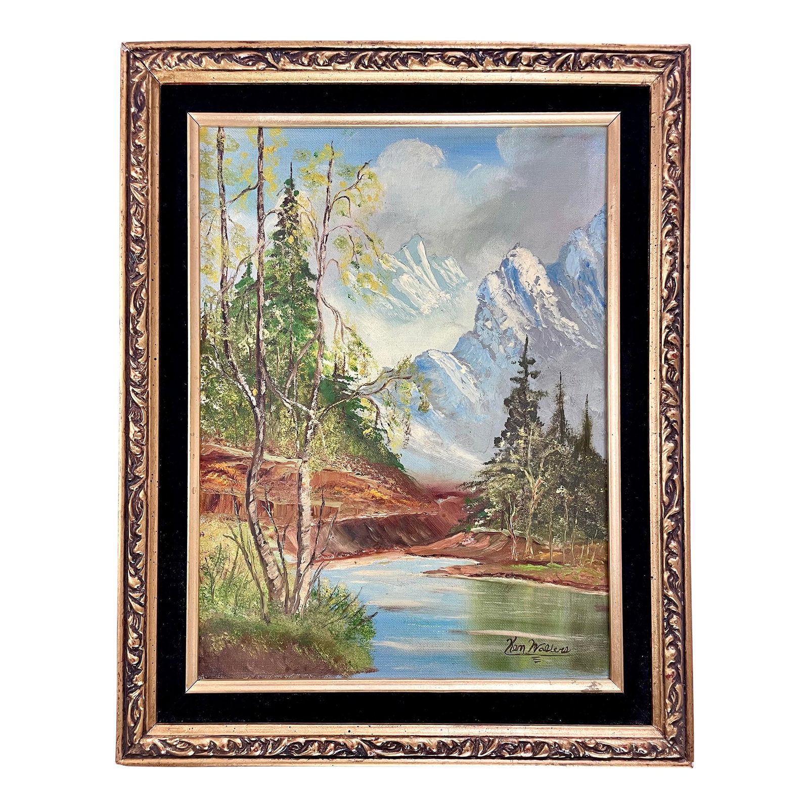 Mid 20th Century Signed Framed Vintage Mountain Landscape Oil on Board: A dynamic mountain landscape scene with water, trees and snowy mountains done in oil on board in a vintage frame. Signed in lower right, Ken Walters. Condition: Alterations: Original Condition