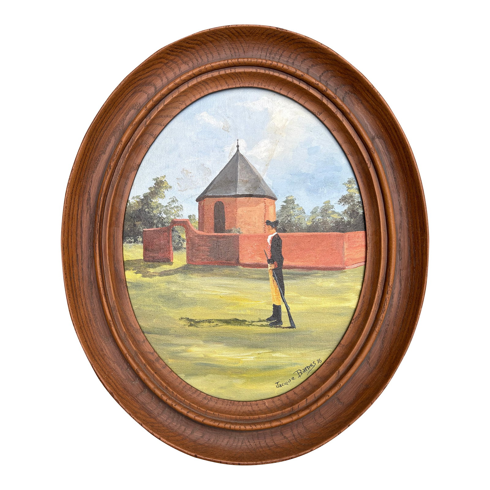 Vintage Mid to Late 20th Century Colonial Williamsburg Virginia Guardhouse Original Signed Oval Pain: Charming vintage hand painted rendition of early American life in colonial Williamsburg, VA. Signed by the artist on an oval canvas and framed in a 1980's style molded plastic, wood-look frame.