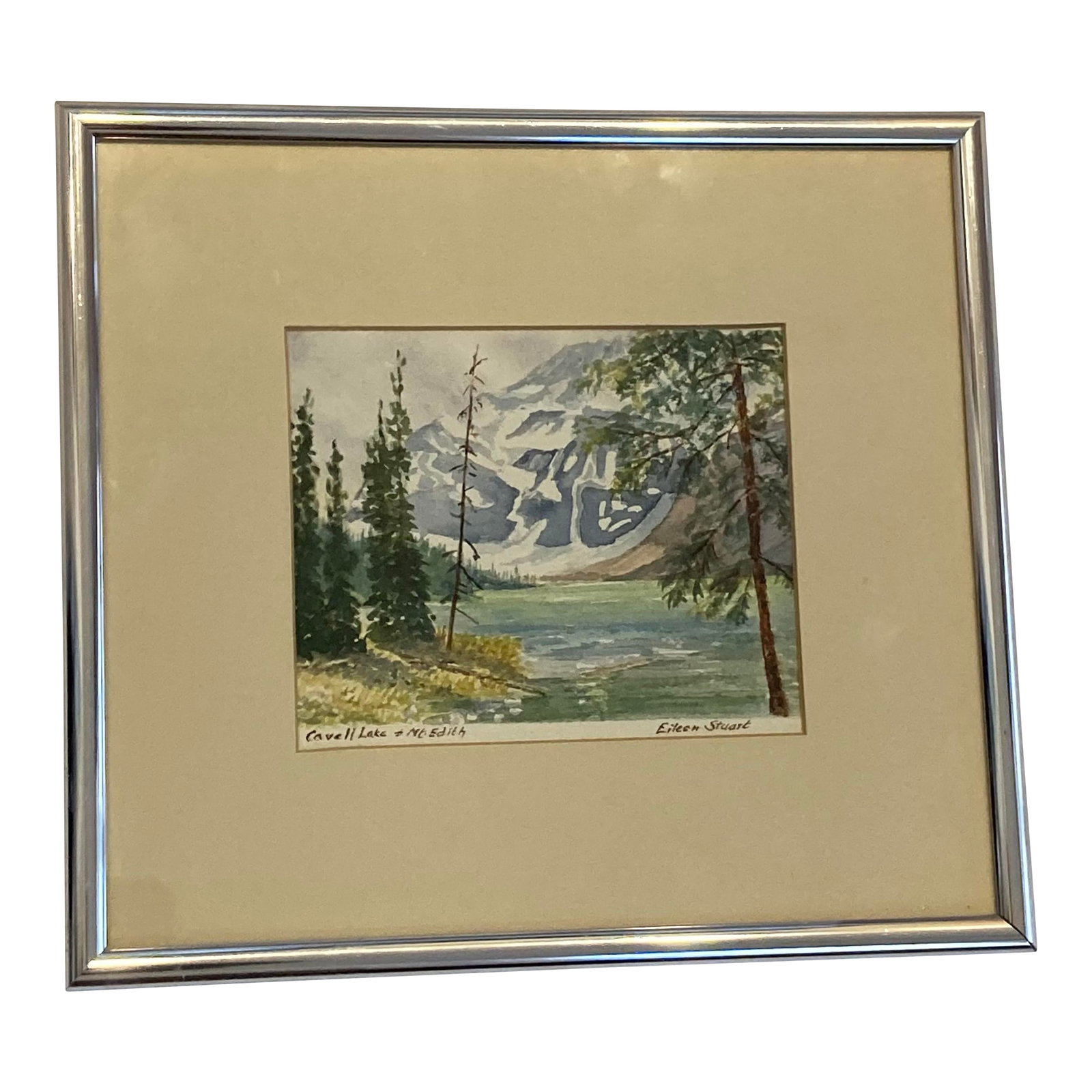 Eileen Stuart Covell Lake & Mt. Edith Acrylic Painting Framed and Matted Artist Signed: Eileen Stuart Covell Lake & Mt. Edith Acrylic painting Framed and matted 10" x 9" Artist Signed Condition: Alterations: Original Condition Unaltered Imperfections: Some Imperfections Condition Notes: 