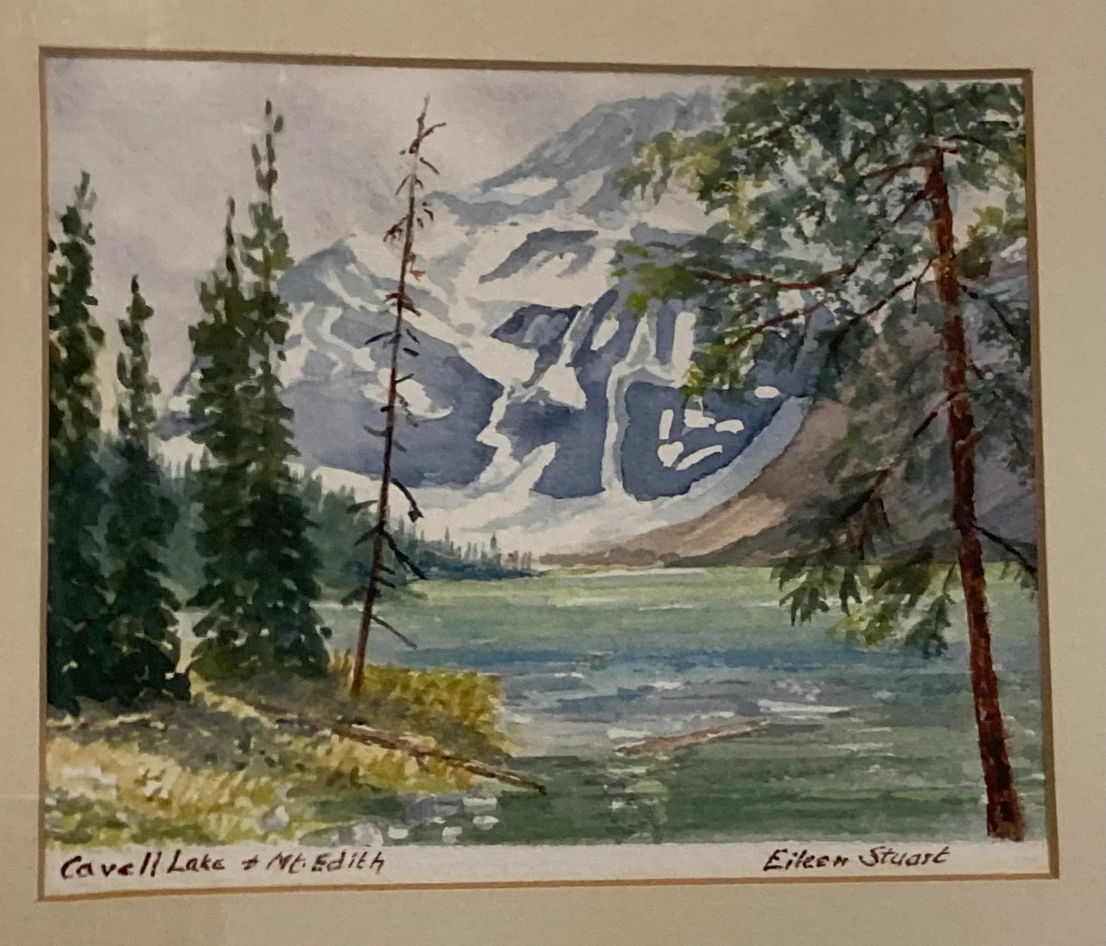Eileen Stuart Covell Lake & Mt. Edith Acrylic Painting Framed and Matted Artist Signed - 2