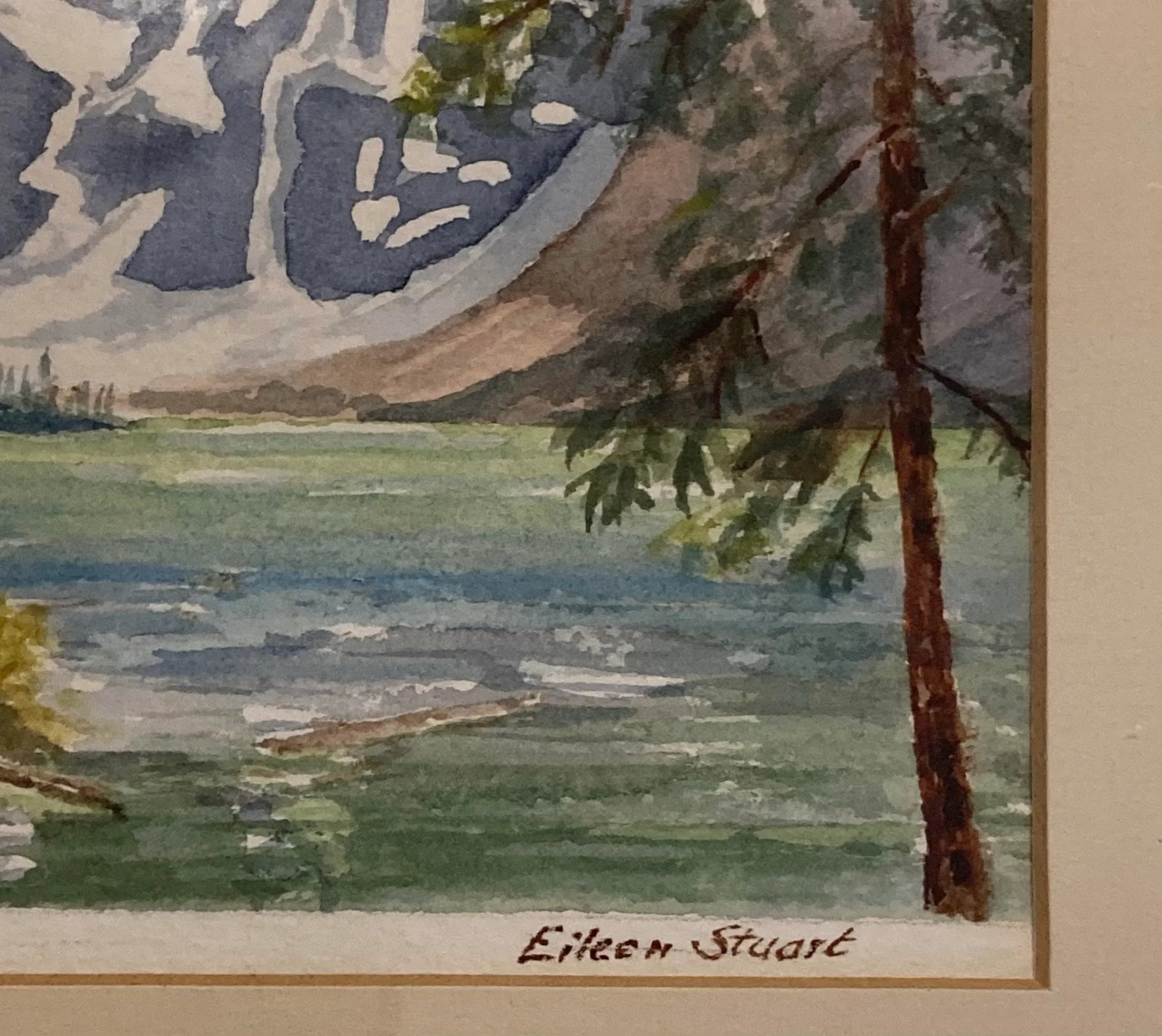 Eileen Stuart Covell Lake & Mt. Edith Acrylic Painting Framed and Matted Artist Signed - 4