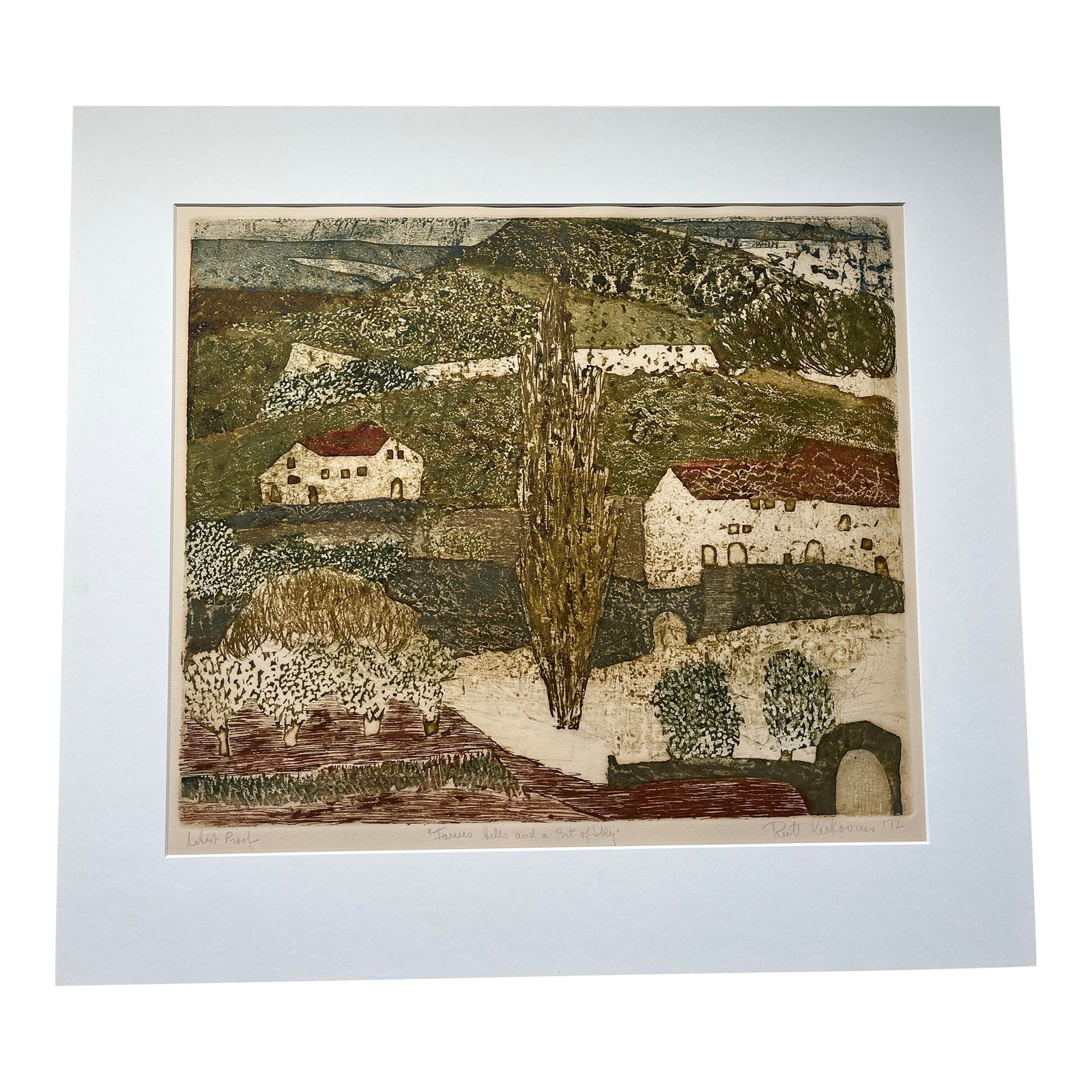 Mid 20th Century Signed Artist Proof Etching by Ruth Kerkovius - 'Farm Hills and a Bit of Sky': This artist proof by Ruth Kerkovius (1921-2007) is a one of a kind etching. It is a wonderful depiction of the countryside and the colors are strong yet subtle - beautiful earthtones with a hint of bl