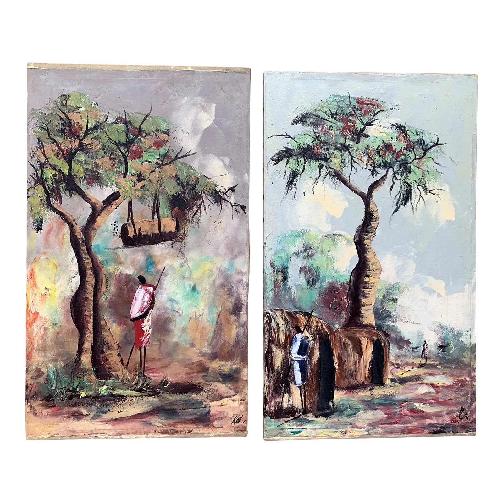 Set of Two Vintage African Oil on Canvas Paintings, Villages With Figures Signed: This is an interesting pair of vintage oil painting on canvas depicting genre scene - African village with figures. Unframed. Signed in a lower right corner. Condition: Yellowed varnish, spotting.